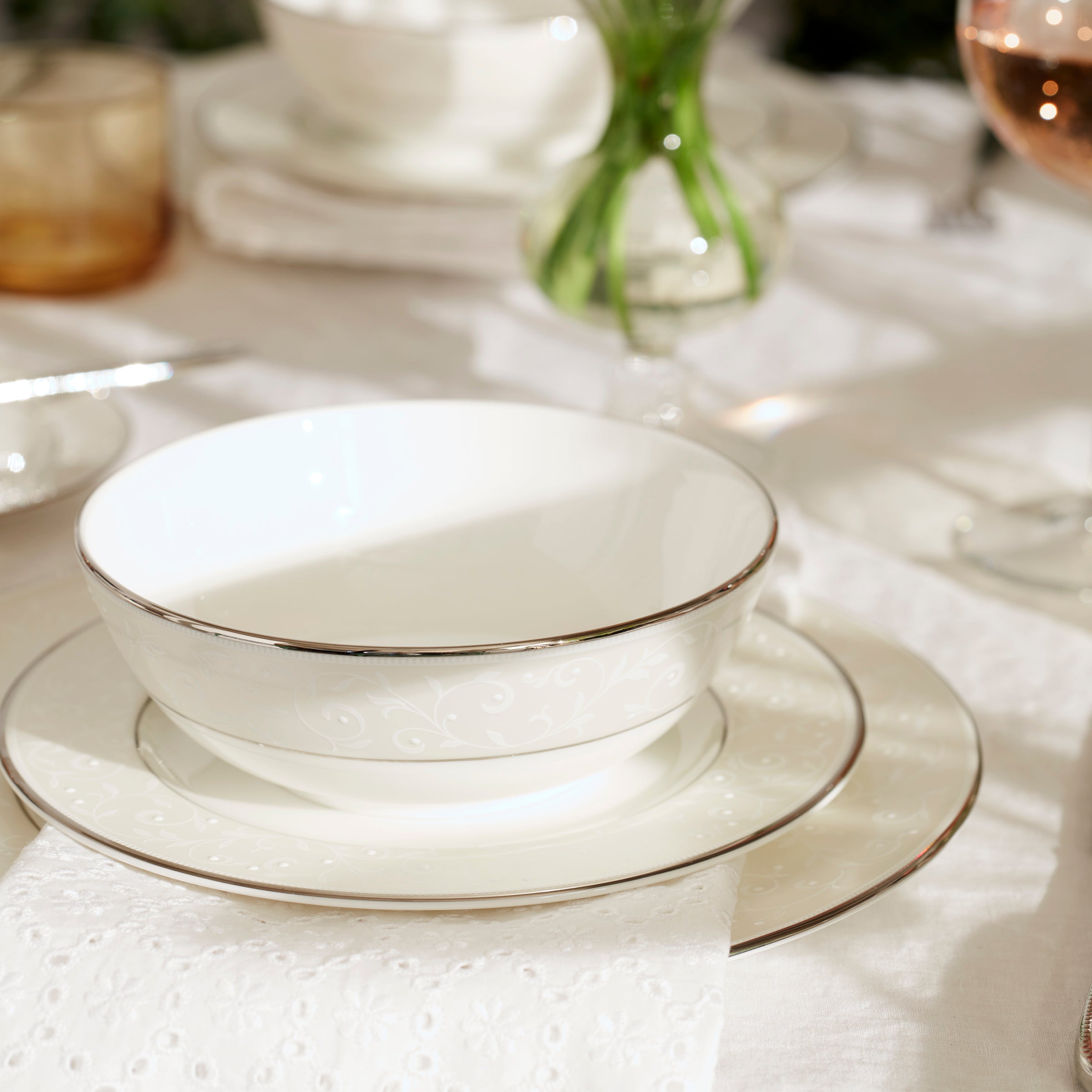 Opal Innocence 5-Piece Dinnerware Set - Elegant Bone China Plates, Bowls & Cups for Formal Dining, Wedding Registry & Special Occasions