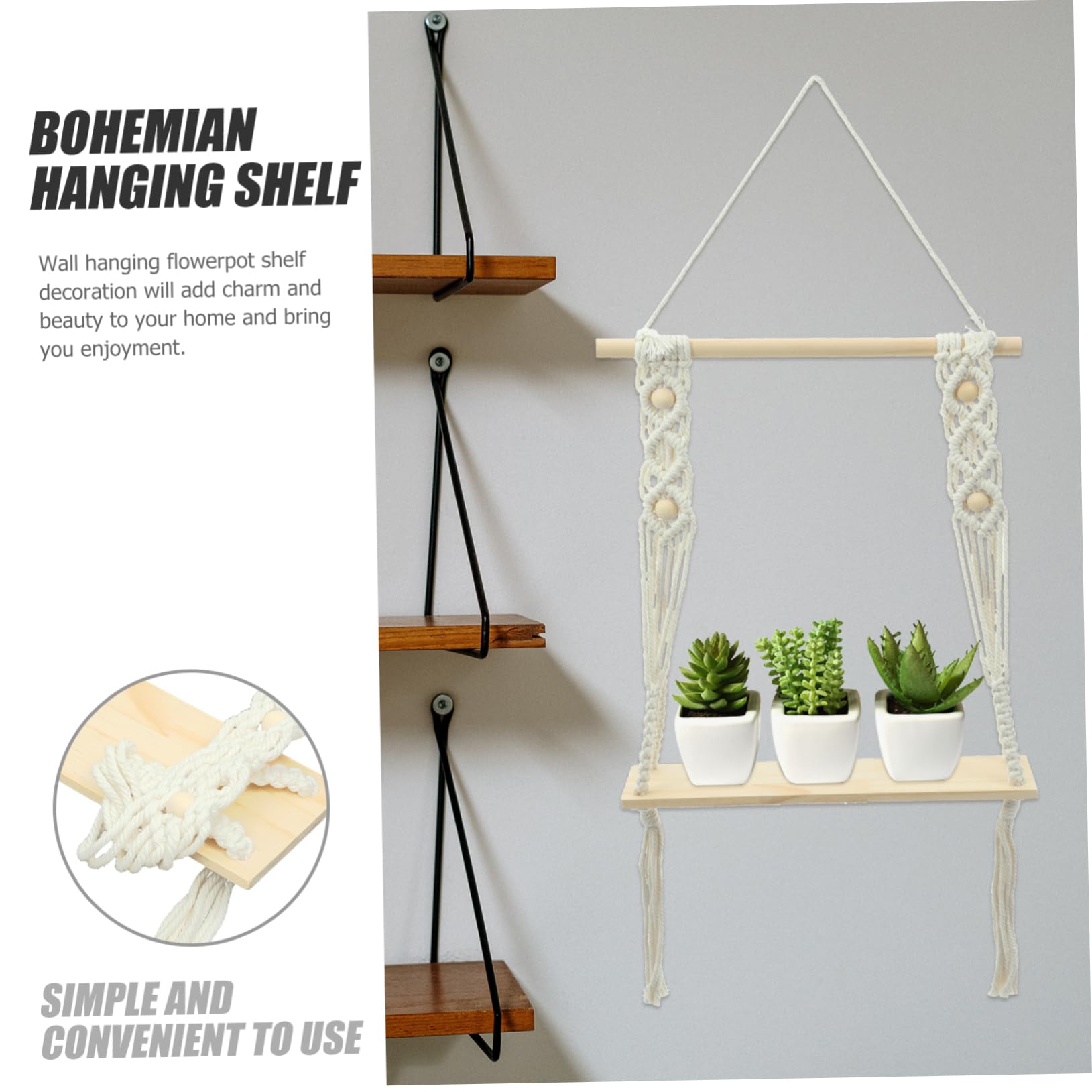 Boho Cotton Rope Floating Plant Shelf - Macrame Plant Hanger for Indoor & Outdoor Decor - Handmade Wall Shelf for Succulents, Air Plants & Home Decor