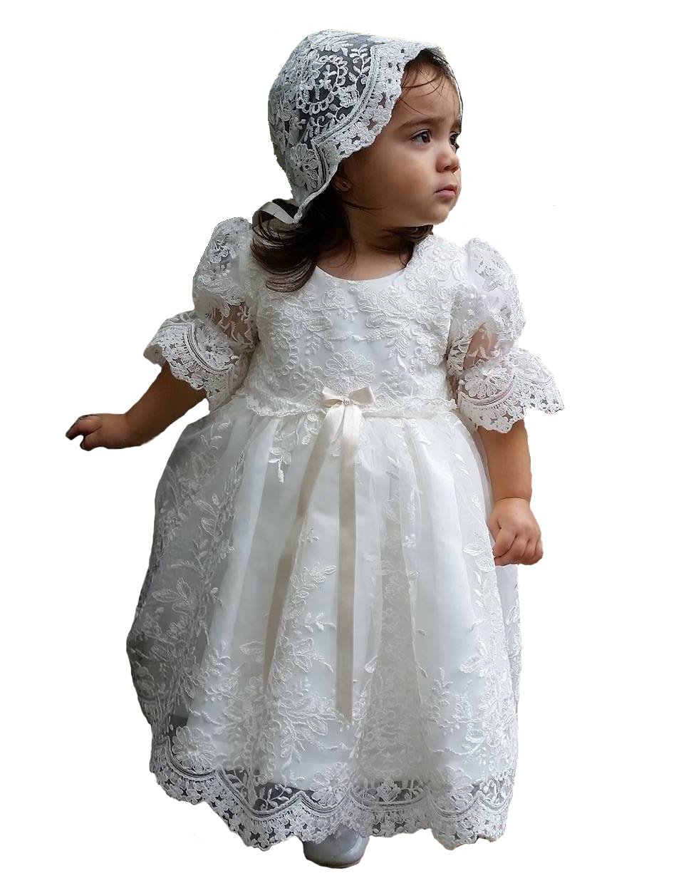 Elegant Aorme Baby Girls Christening Gown & Lace Bonnet Set - White Baptism Dress for Newborn to 24 Months - Perfect for Christenings, Baptisms & Special Occasions