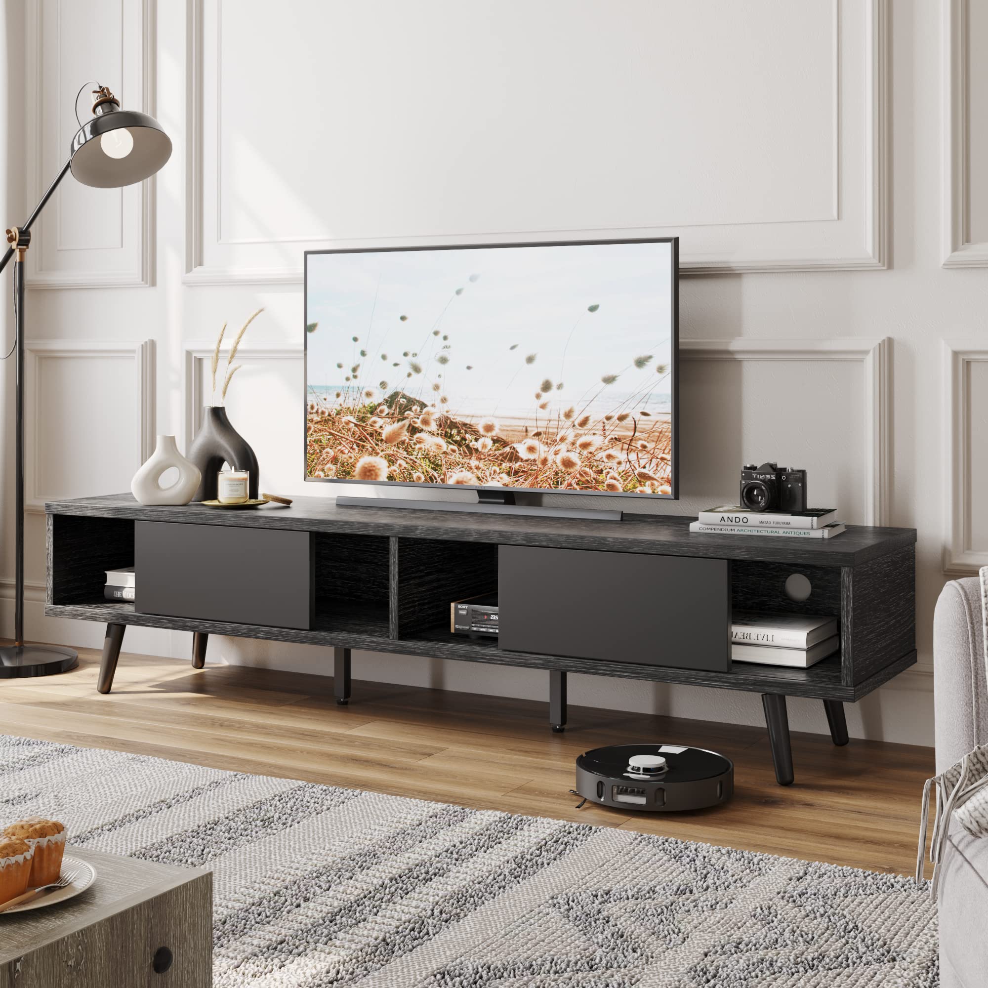 Bestier 70 Inch Mid Century Modern TV Stand for 75 Inch TVs - Low Profile Entertainment Center with Storage & Cord Management - Ash Wood Black Finish - Perfect for Living Room, Bedroom & Home Theater Setup