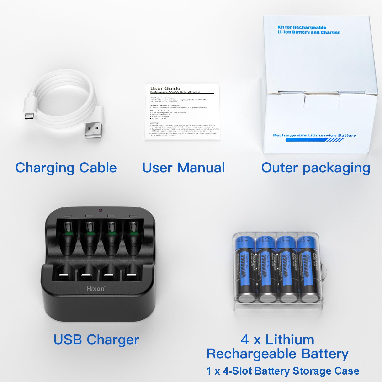 Hixon Rechargeable AA Batteries with Charger - 3500mWh 1.5V Lithium AA Batteries (4-Pack) | 1600 Charge Cycles, 3A Max Current | Perfect for Home, Office, Toys, Cameras & Electronics