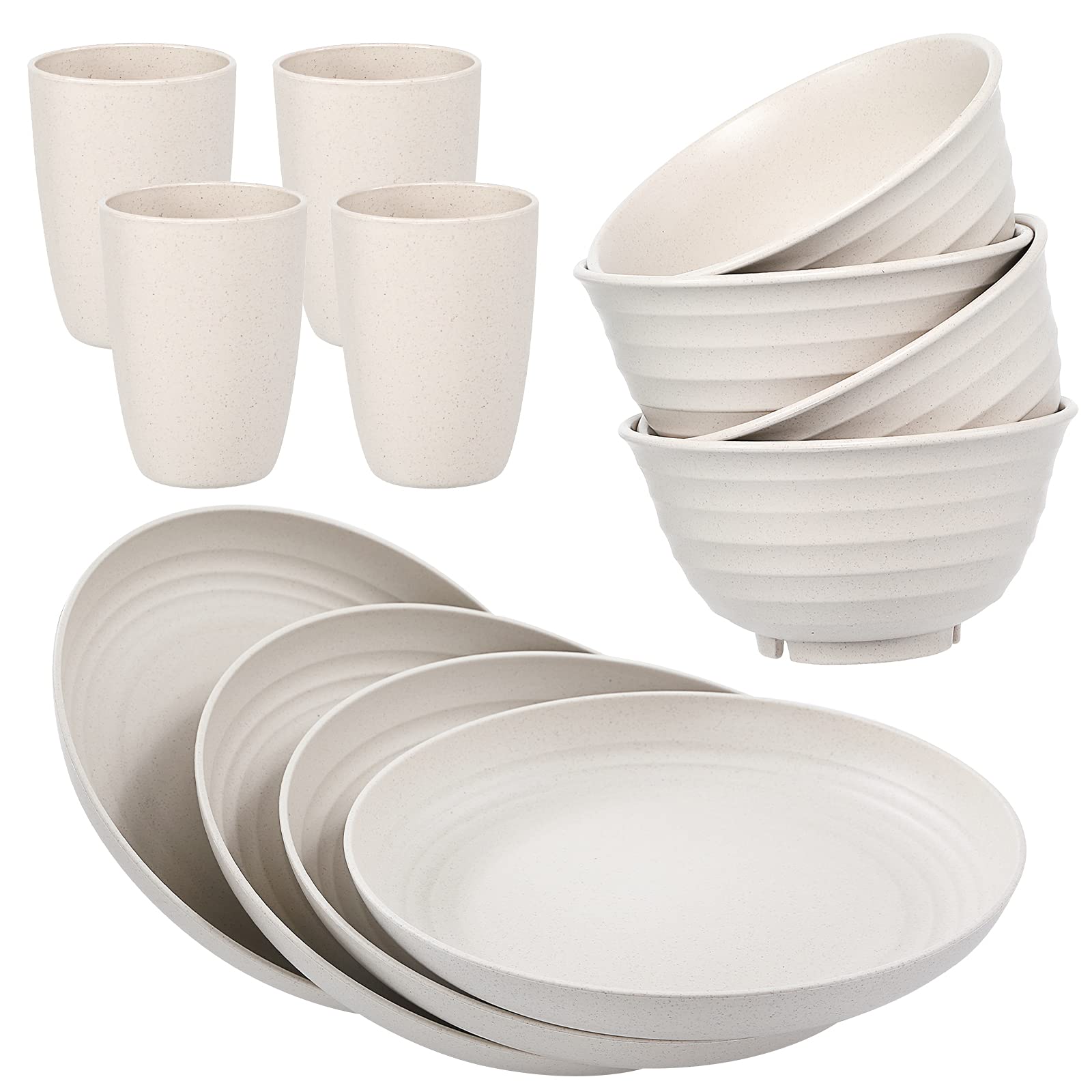 12-Piece Wheat Straw Dinnerware Set for 4 - Microwave & Dishwasher Safe Plates & Bowls - Eco-Friendly Lightweight Beige Tableware for Everyday Meals, Picnics, and Outdoor Dining