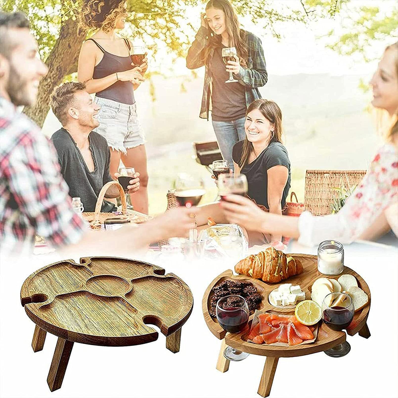 OHKKSD Portable Folding Wooden Picnic Table with Wine Glass Holder - Compact Outdoor Dining Set for Camping, Beach, Backyard & Picnics - Lightweight Mini Table for Wine, Food & Outdoor Gatherings