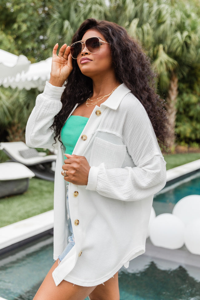 Stylish Ivory Waffle & Gauze Shacket for Women - Cozy Overshirt for Fall & Winter Layering - Perfect for Casual Outfits and Outdoor Activities