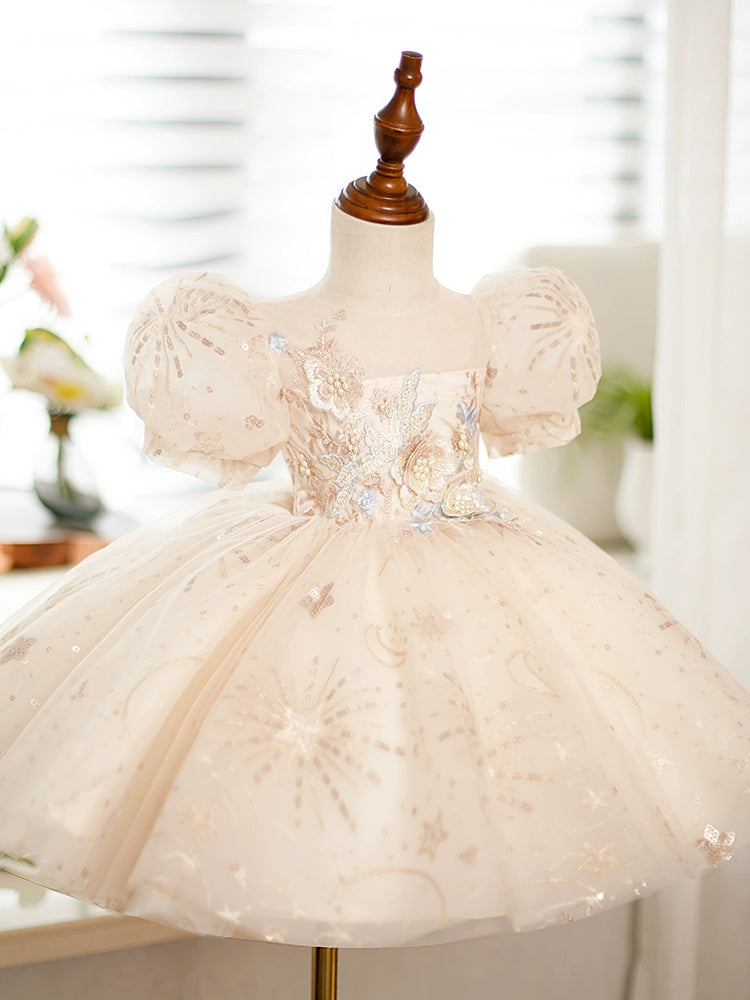 Champagne Princess Round Tea Length Sequined Flower Girl Dress for Weddings, Pageants & Special Occasions