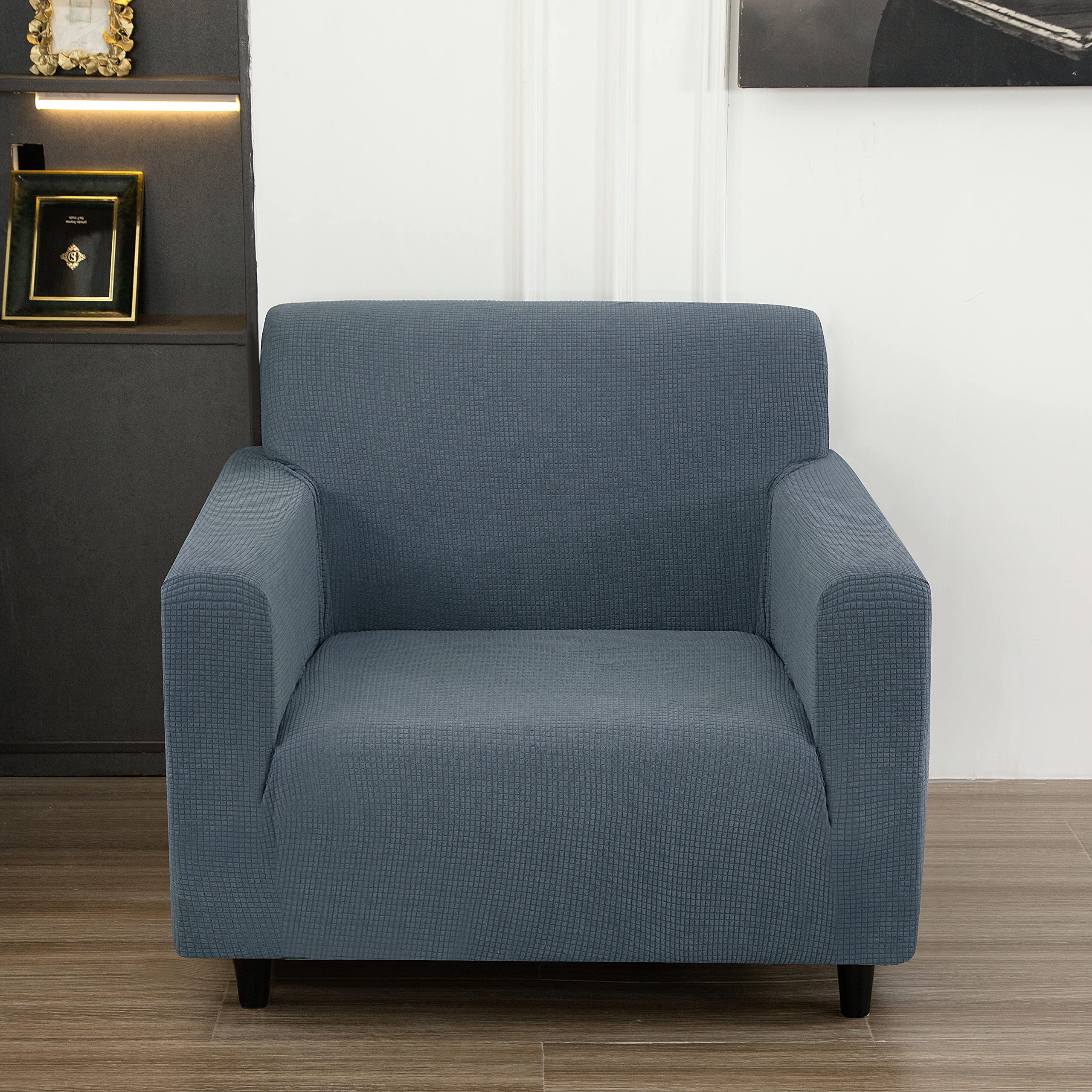 3-Piece Sofa Cover Set - Stretchable Jacquard Velvet Slipcovers for 1/2/3 Seater Couch, Loveseat & Armchair (Grey-Blue) | Home Decor Protection for Pets, Kids & Daily Use