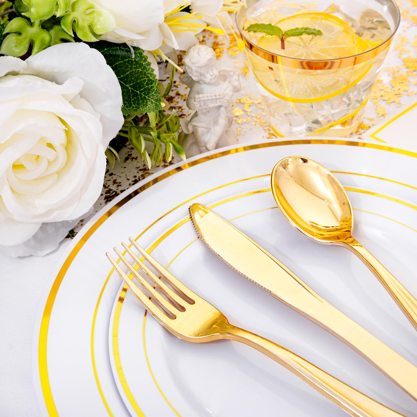 350-Piece Gold Disposable Dinnerware Set for 50 Guests - 100 Plastic Plates, 50 Paper Napkins, 50 Cups & 50 Silverware - Elegant Party & Wedding Tableware for Banquets, Bridal Showers, Anniversary Celebrations and Special Events