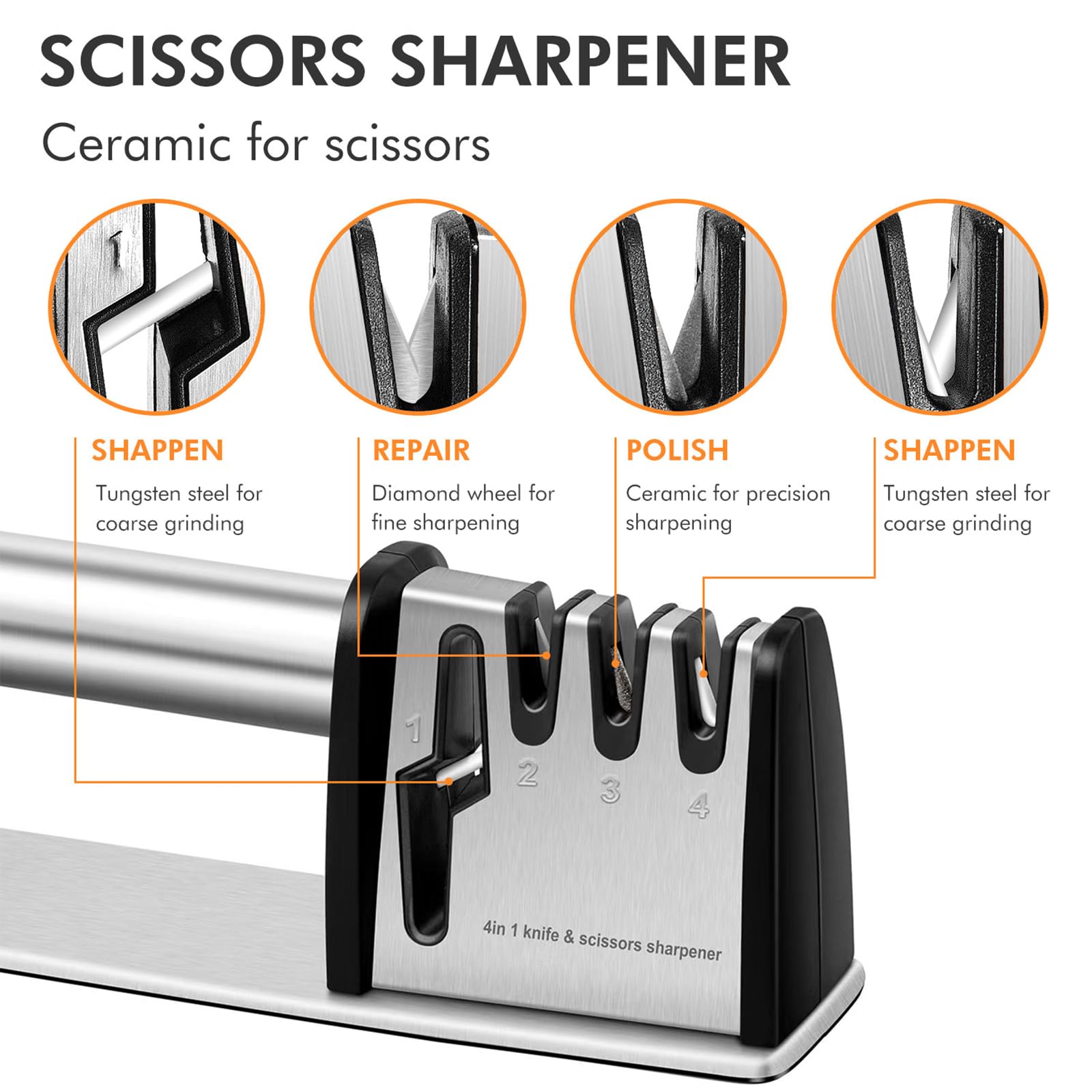 4-in-1 Professional Knife Sharpener - Kitchen Blade & Scissors Sharpening Tool for Chefs | Manual Knife Sharpener for Home & Restaurant Use | Perfect for Kitchen Prep, Camping & Outdoor Cooking