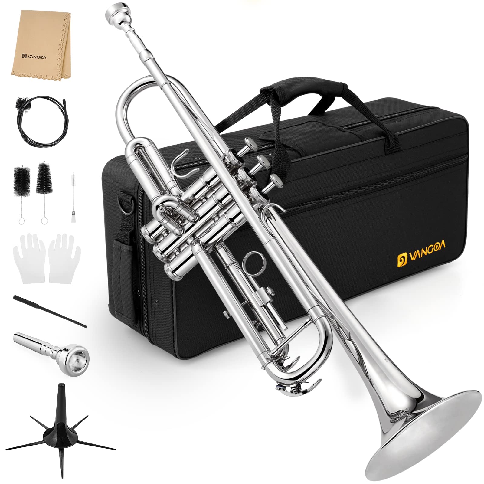 Vangoa Bb Standard Trumpet - Professional Brass Silver Student Trumpet Instrument for School Band & Orchestra | Beginner & Adult Players | Includes Hard Case, Cleaning Kit, Stand, 7C Mouthpiece, Gloves & Valve Oil | Perfect for Music Lessons, Performances & Practice Sessions