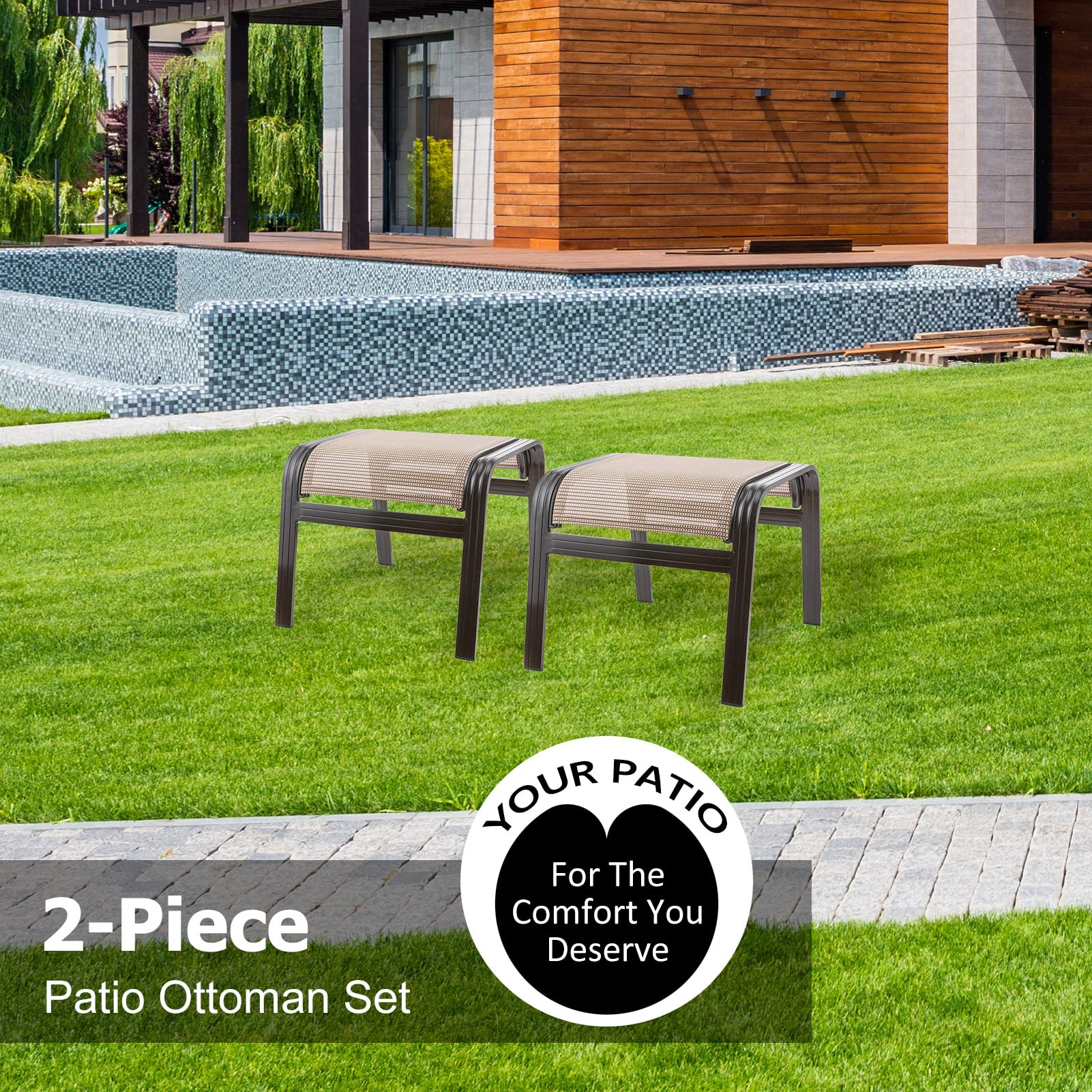 Summerville Outdoor Ottomans Set of 2 - Textilene Patio Furniture with Aluminum Metal Frame, Small Seating Footstools for Garden, Poolside & Deck - Perfect for Lounging, Entertaining & Relaxing