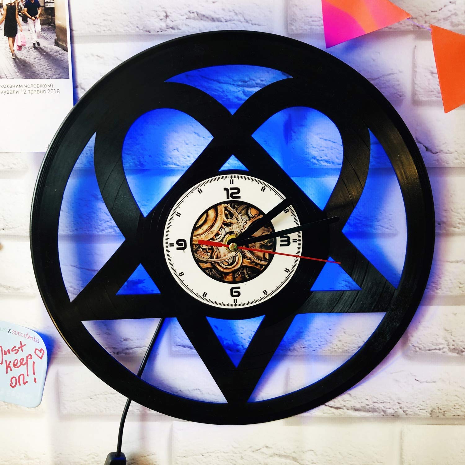 Heartagram Rock Band Vinyl Wall Clock with LED Backlight & Remote Control - Vintage Handmade Art Decor for Bedroom, Living Room, Night Light (Blue)