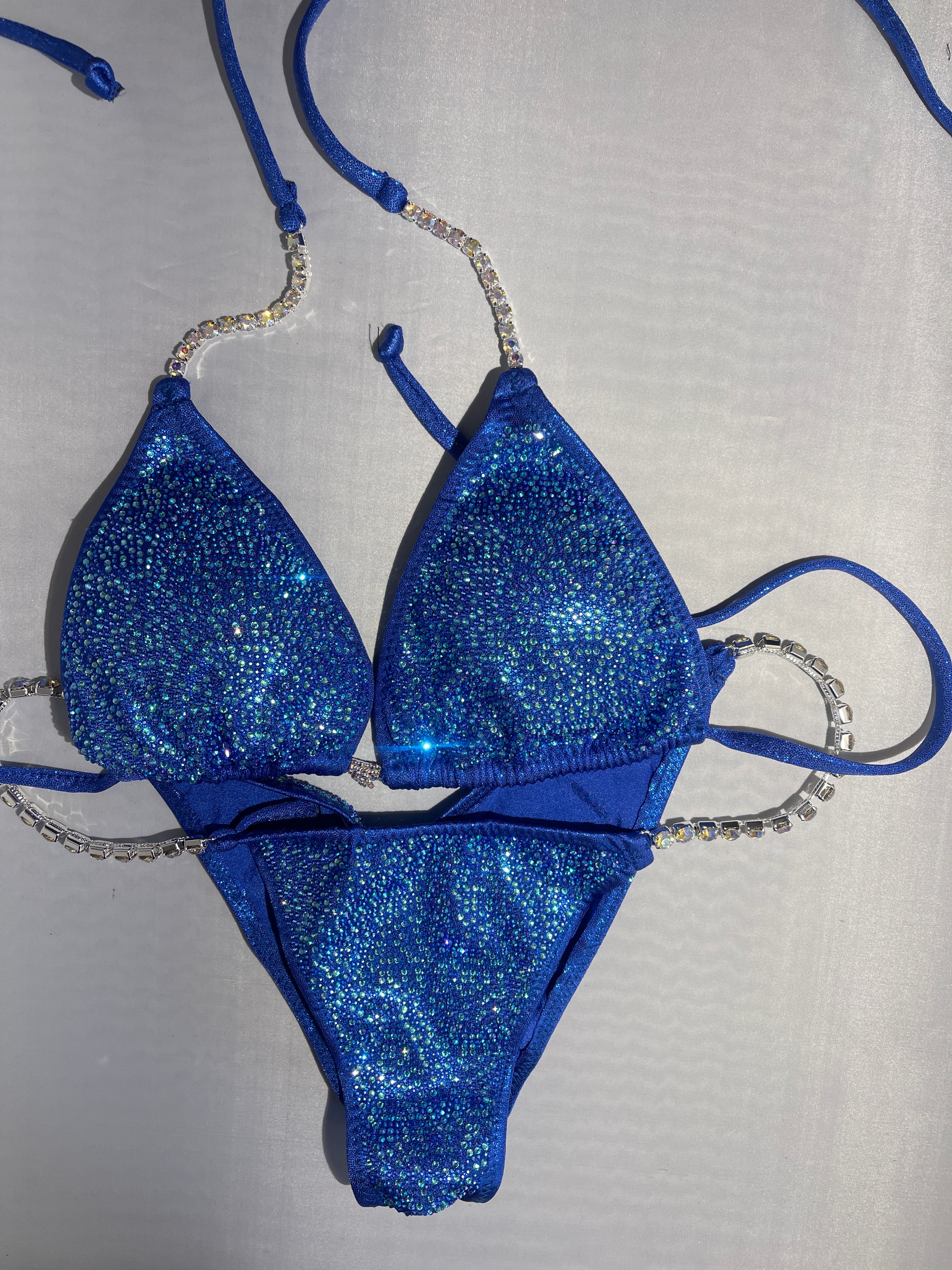 Blue & Turquoise Rhinestone Bikini Competition Suit - 3-Layer Color Effect for Swimwear Pageants & Poolside Glamour