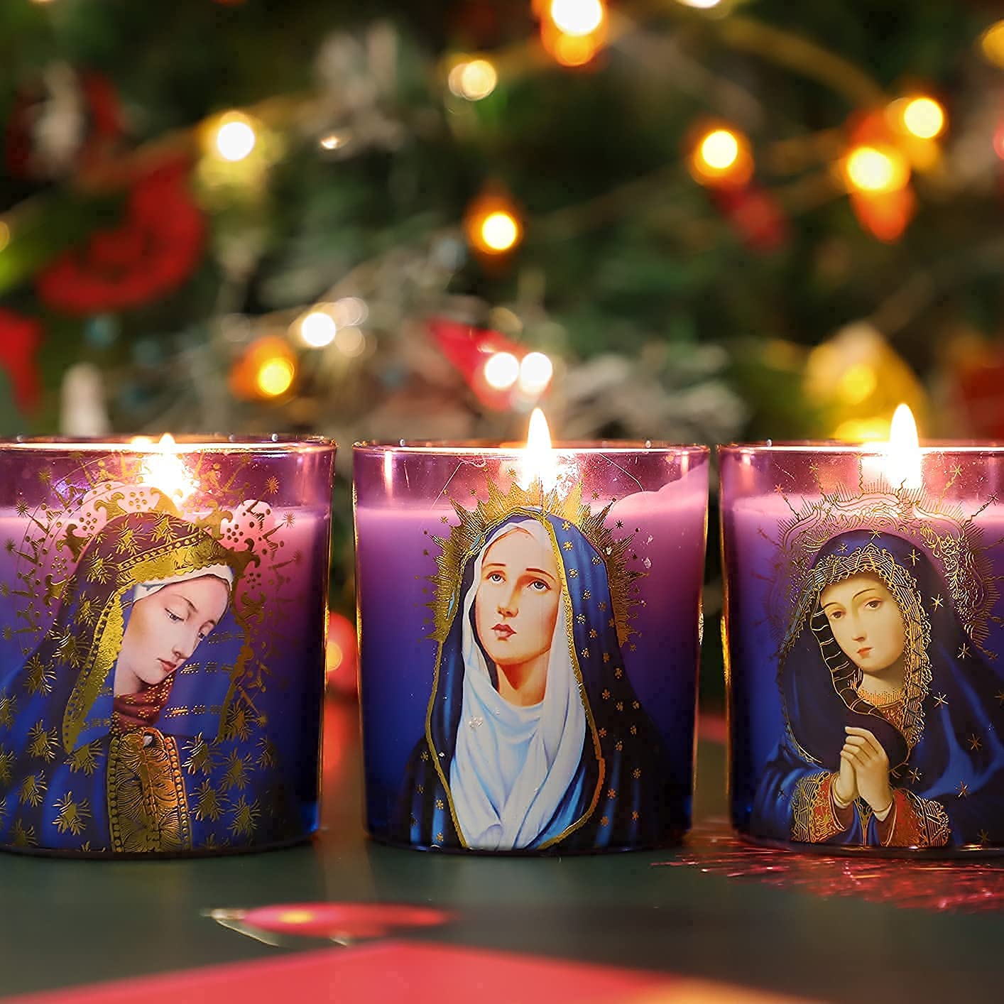Blessed Virgin Mary Scented Candles - Set of 3 Purple Glass Votive Candles for Catholic Church, Home Altar & Prayer - Long-Lasting Rosemary Scented Soy Wax Jar Candles for Meditation, Devotion & Spiritual Relaxation