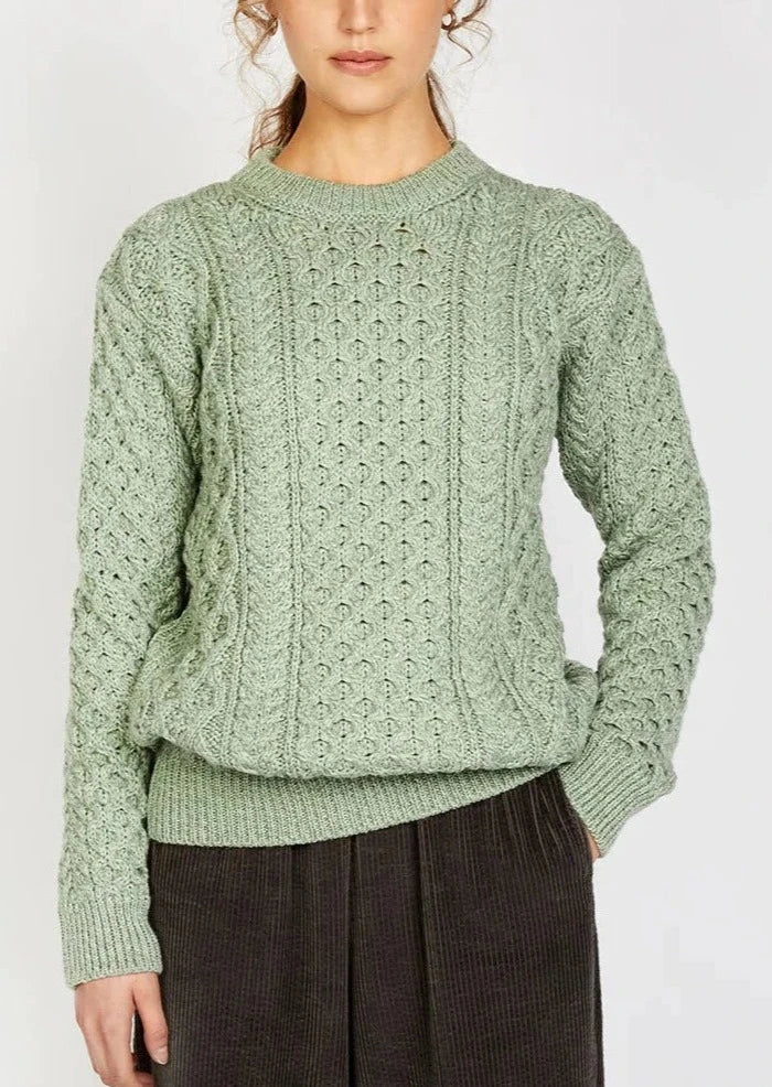 Ireland's Eye Aran Sweater for Women | 100% Wool Cable Knit Sweater | Sage Marl | Warm Winter Pullover for Casual & Outdoor Activities