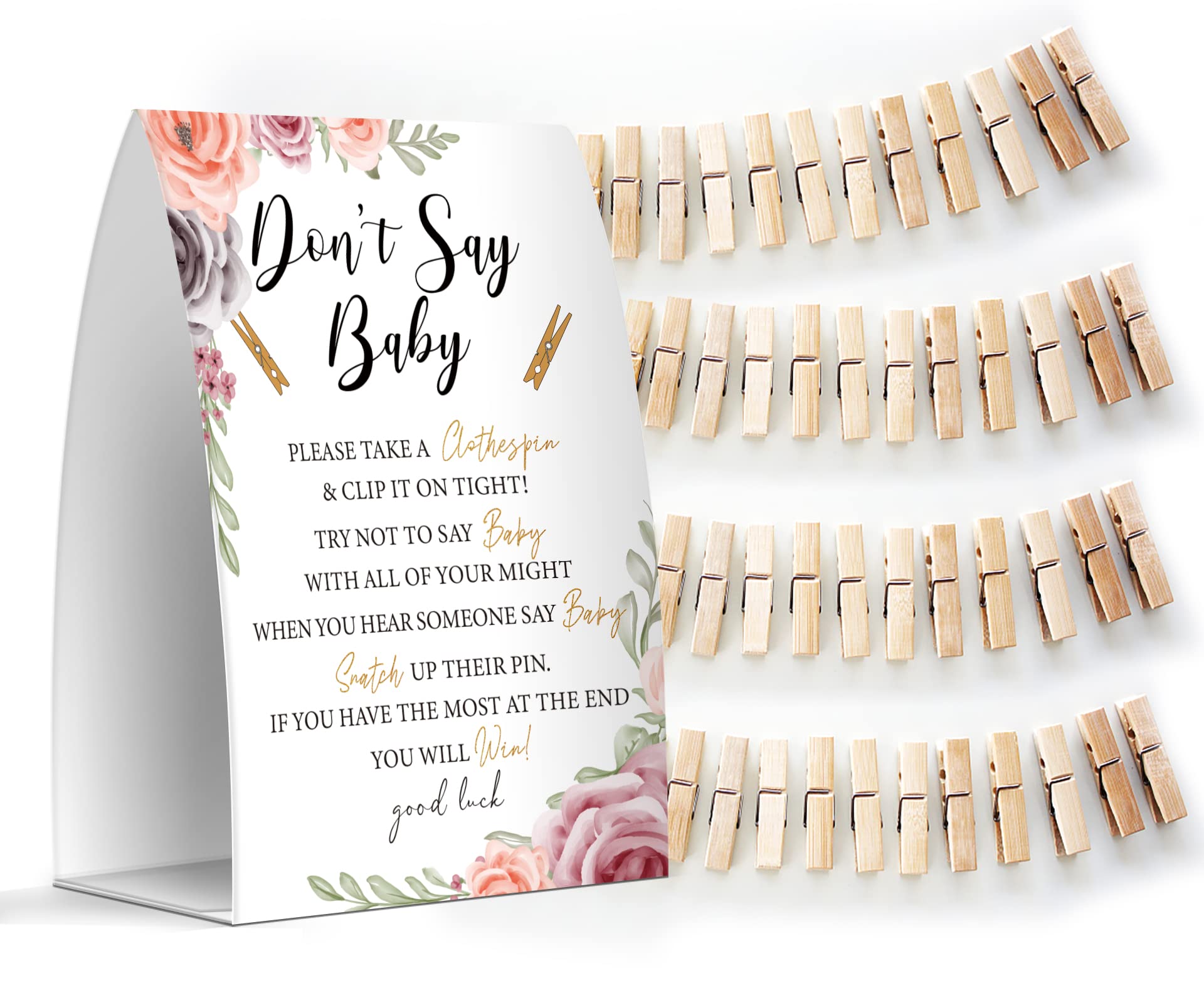 Gender Neutral Baby Shower Game Set - 5x7 Don't Say Baby Sign & 50 Mini Clothespins for Baby Shower Decorations & Party Games | Perfect for Baby Shower Activities, Gender Reveal Parties & Nursery Decor - MsJb015