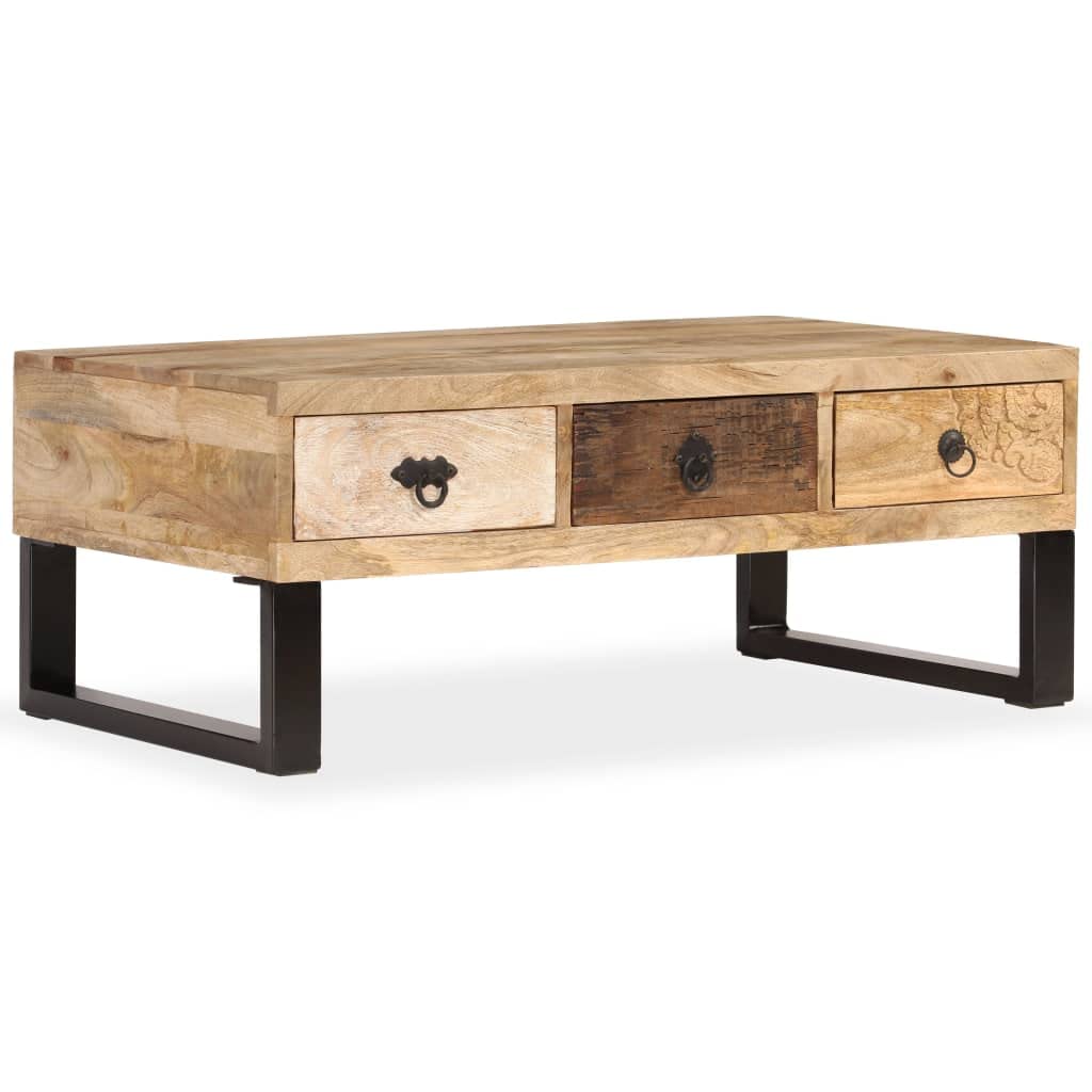 Solid Mango Wood Coffee Table with 3 Drawers for Living Room