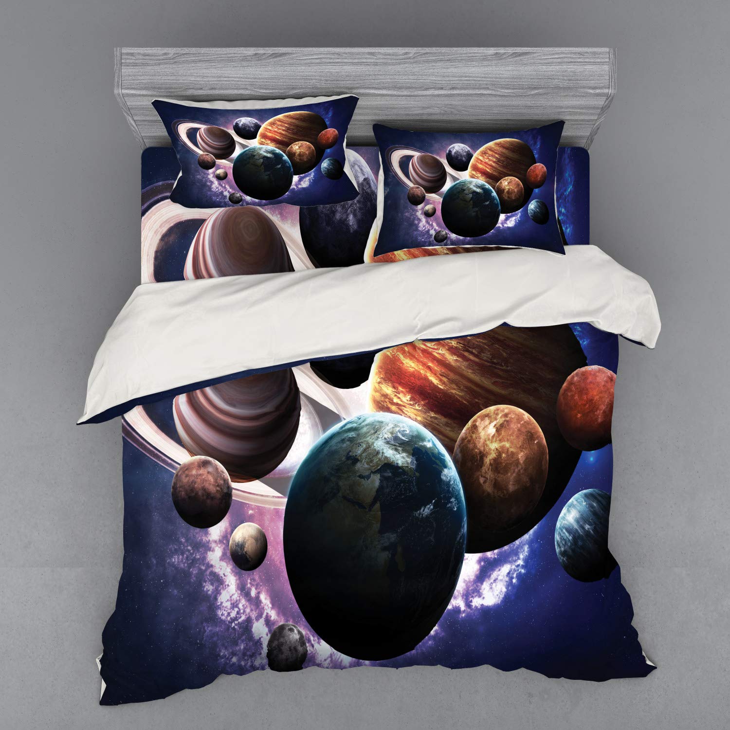 Ambesonne Solar System Planets Duvet Cover Set - King Size 4-Piece Bedding with Shams & Fitted Sheet - Mercury Jupiter Saturn Universe Space Theme - Colorful Galaxy Print for Astronomy Lovers - Perfect for Kids' Rooms, Space-Themed Bedrooms & Science Enthusiasts
