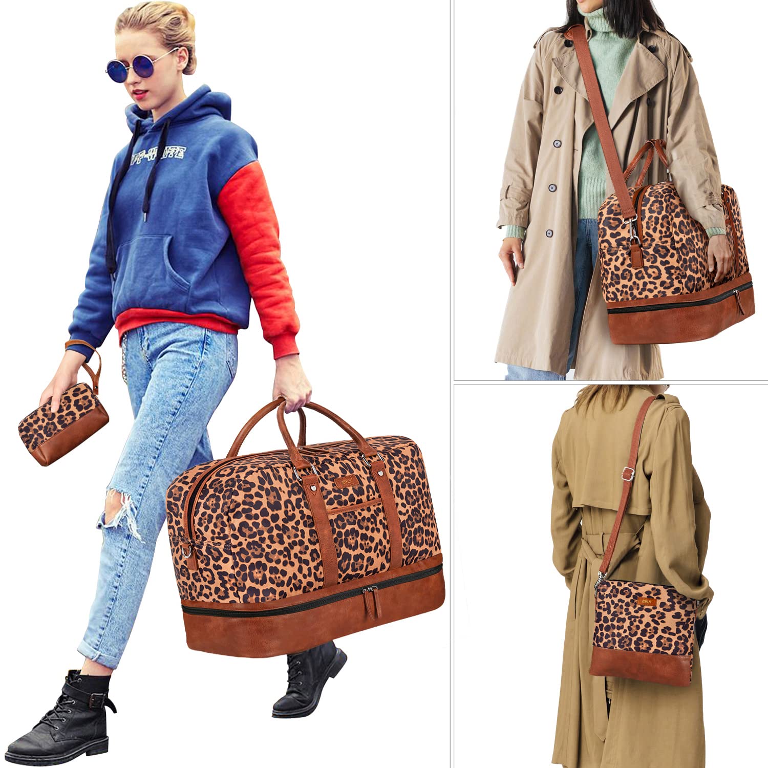 IBFUN Women's Weekender Bag - Large Canvas Overnight Travel Duffel with Shoe Compartment, Carry On Tote Bag (21 Inch, 3 Piece Set) - Perfect for Weekend Getaways, Gym & Air Travel