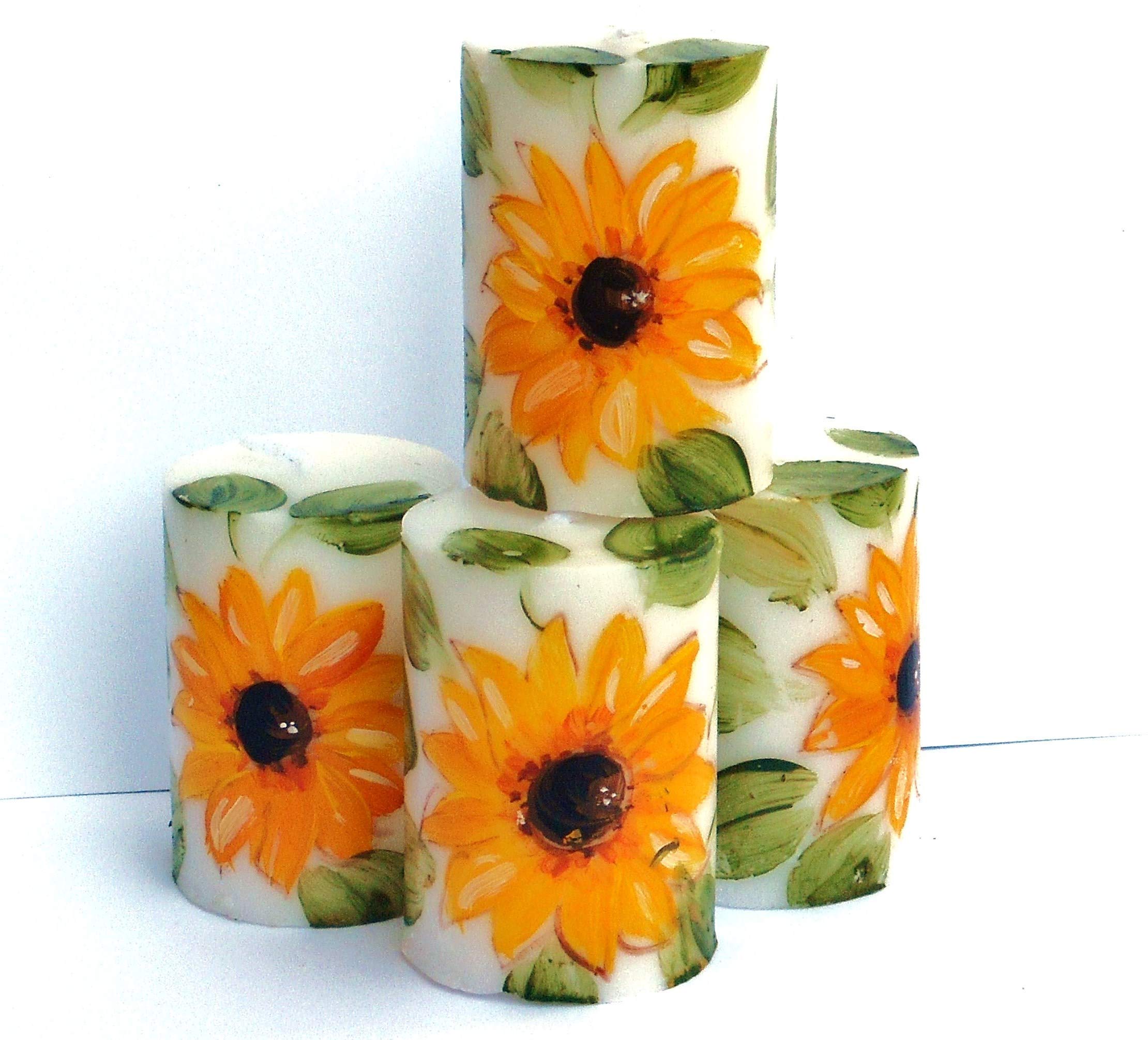 Hand Painted Yellow Sunflower Votive Candles - Set of 4 Boho Fall Decor for Home, Wedding, Thanksgiving & Autumn Table Centerpieces - Scented Soy Wax Candles for Cozy Farmhouse Decor