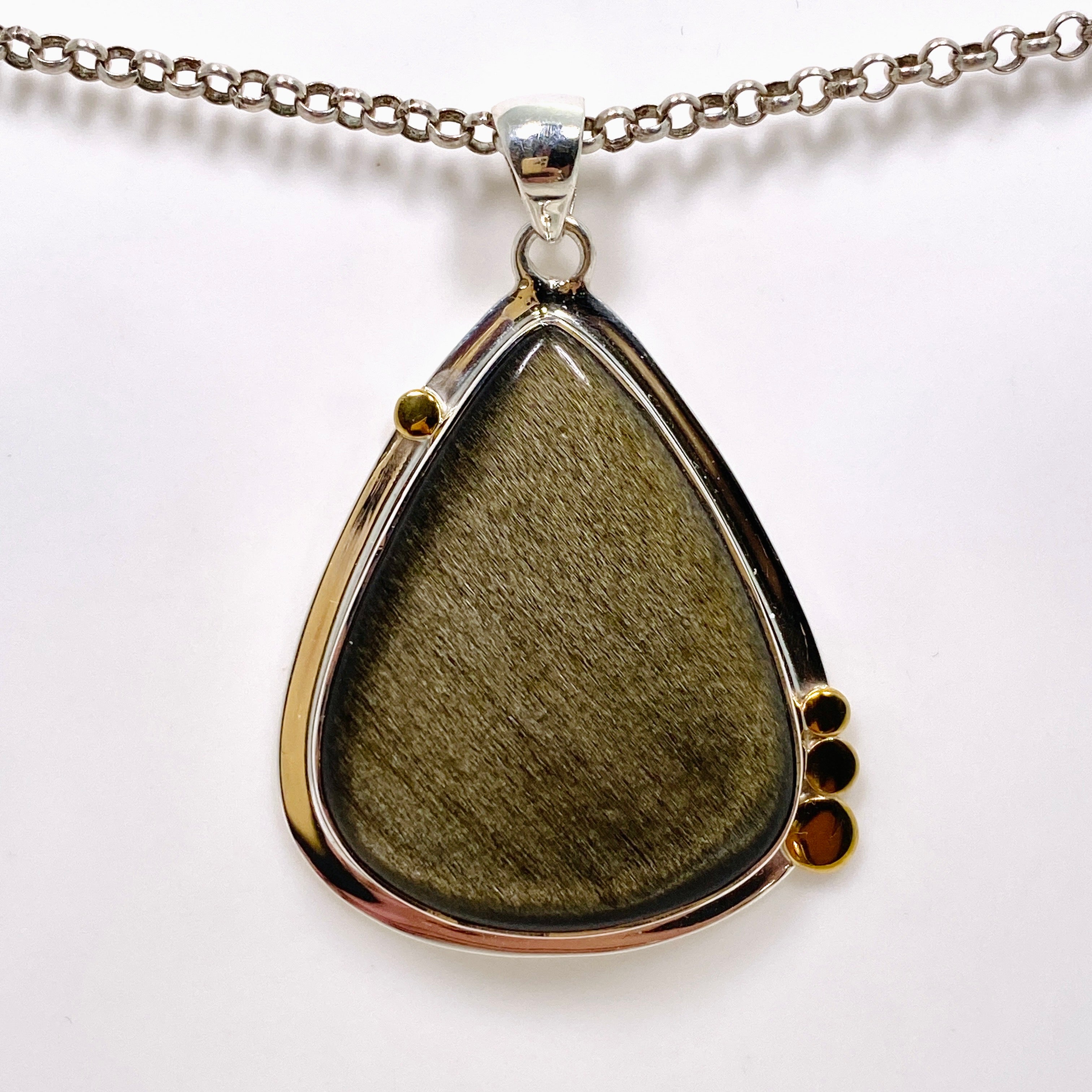 Goldsheen Obsidian Teardrop Cabochon Pendant - Handcrafted Silver Jewelry with Decorative Setting KPGJ4763 | Perfect for Meditation, Energy Healing & Spiritual Gifts