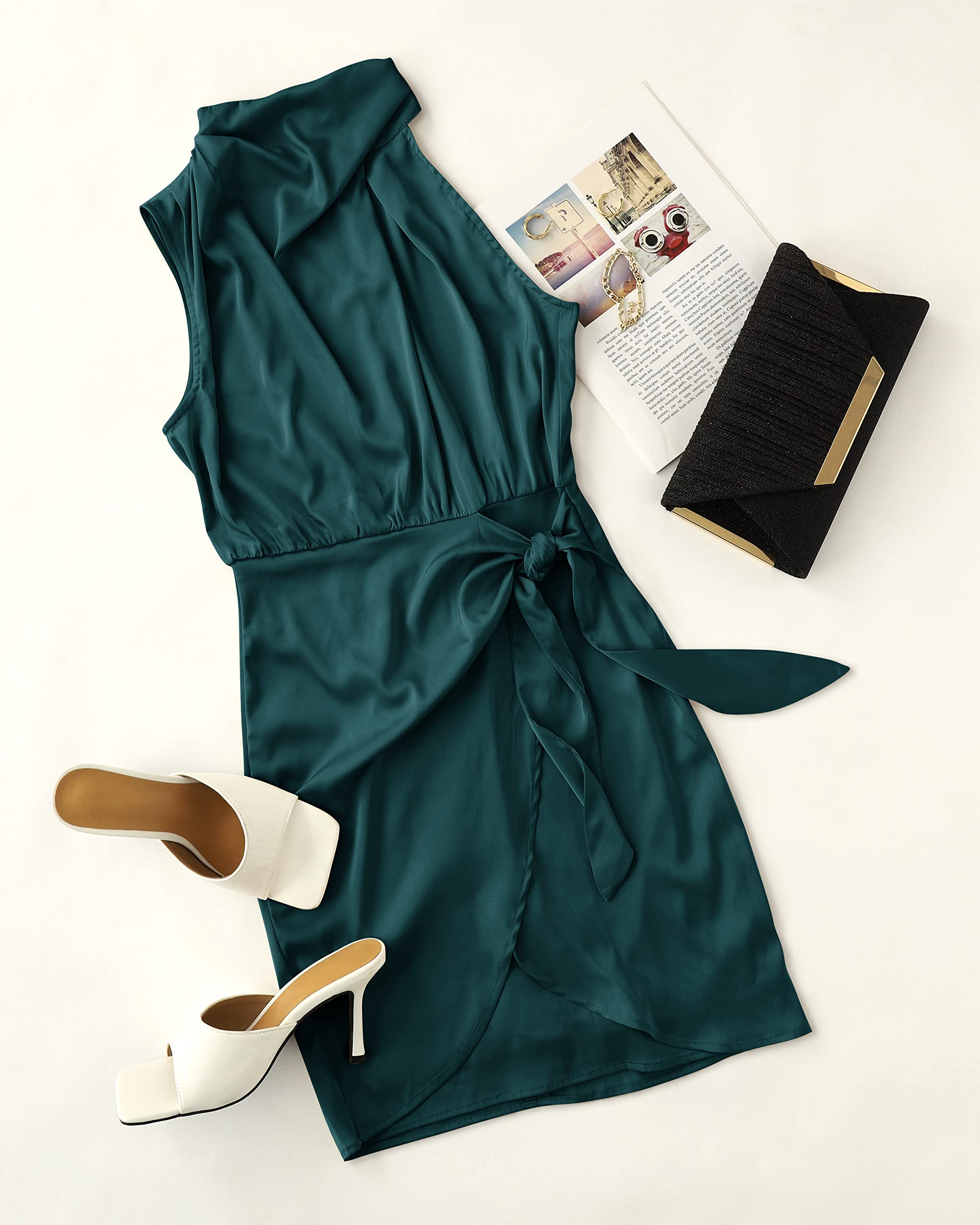 ZESICA Women's 2025 Fashion Satin Sleeveless Halter Neck Tie Waist Wrap Bodycon Mini Dress for Cocktail Party, Night Out, Date Night & Special Occasions