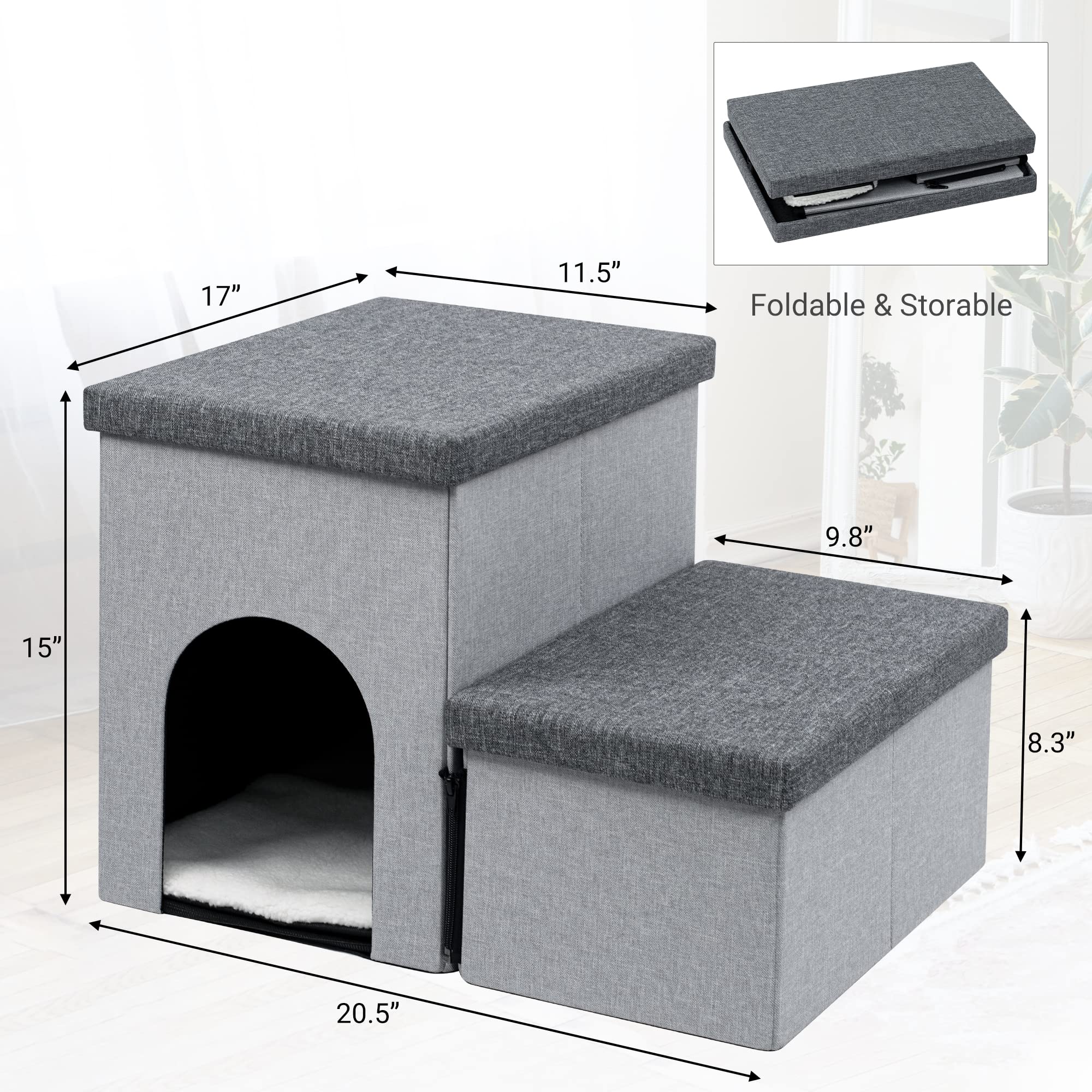 Foldable Dog Stairs for Small to Large Dogs & Cats - 2-Step Pet Steps with Storage & Pet House, Non-Slip Ramp for Couch & High Bed - Supports Up to 150 lbs - Perfect for Elderly Pets, Bed Access & Small Space Living