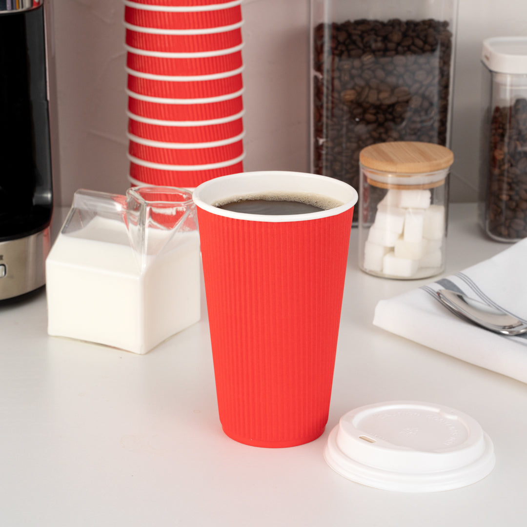 16 oz Red Ripple Wall Paper Coffee Cups with White Lids - 200 Count Bulk Pack (3.5