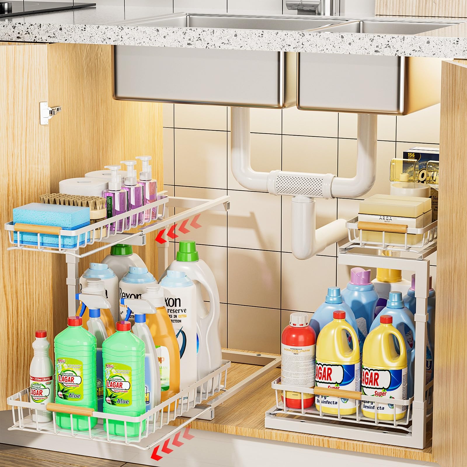 **Delamu 2-Tier Pull Out Under Sink Organizer - 2 Pack Slide Out Cabinet Storage Shelf for Kitchen, Bathroom & Pantry - Perfect for Spice Racks, Cleaning Supplies & Toiletries**