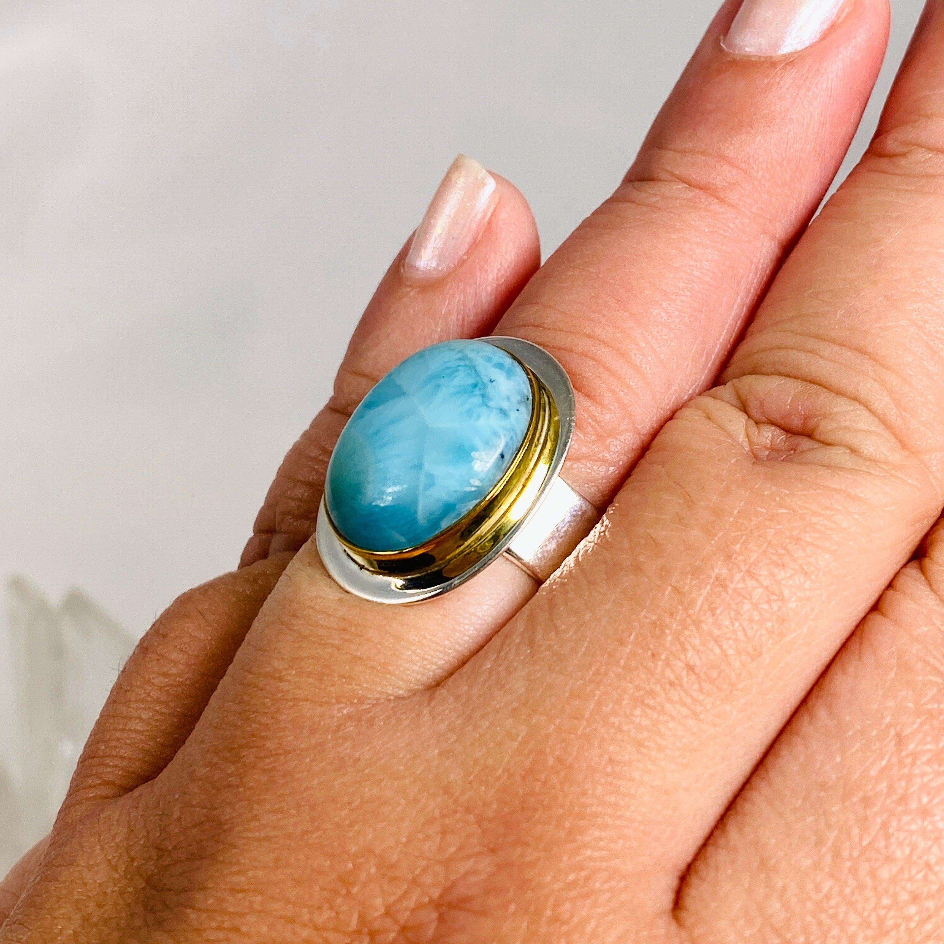 Larimar Oval Ring with Brass Detailing - Size 10 - KRGJ3104 - Perfect for Boho Jewelry Lovers & Beach Wedding Accessories