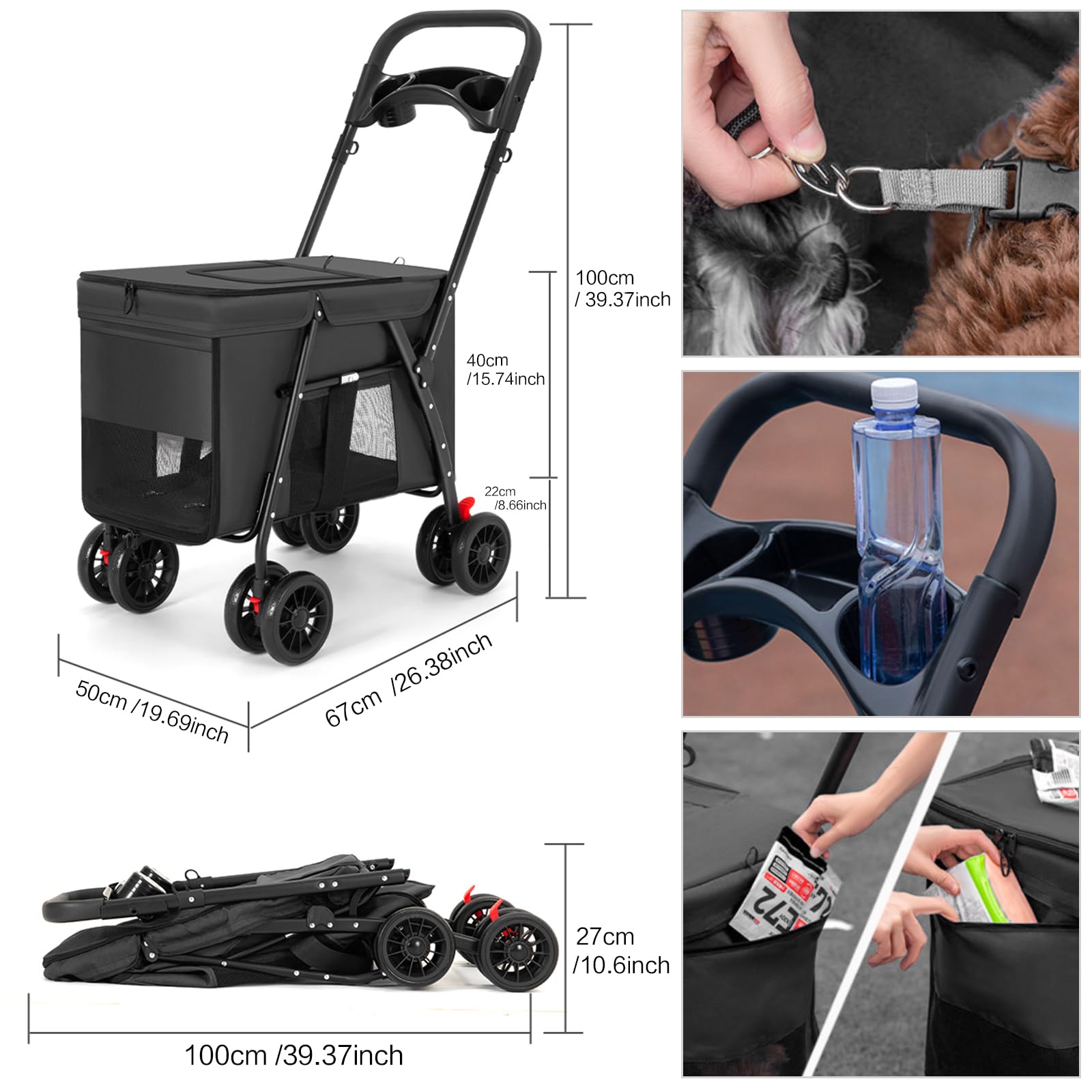 Folding Pet Stroller for Cats & Dogs - Black Travel Carrier for Outdoors
