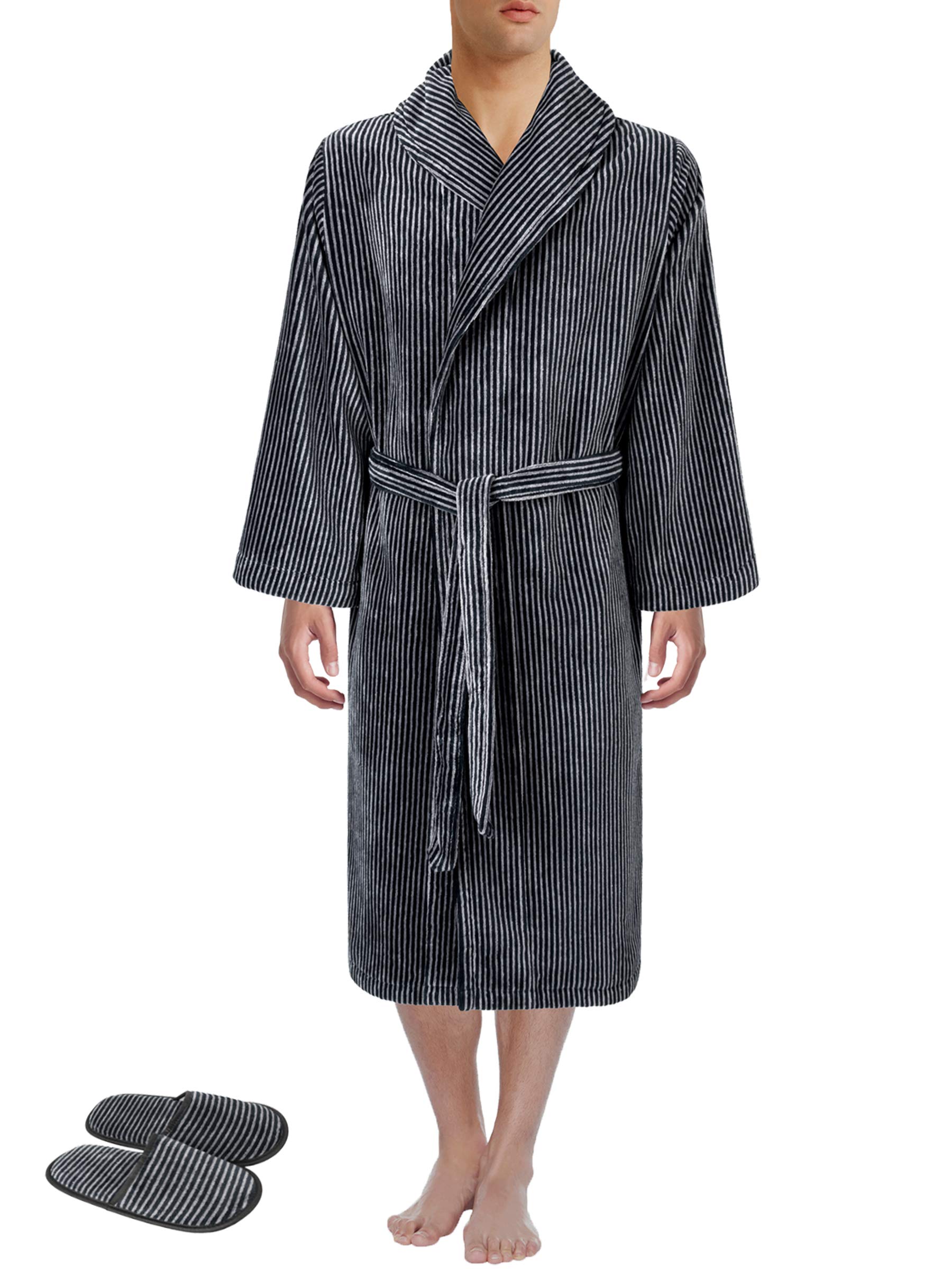 Premium Men's Velour Shawl Robe & Slippers Set - Striped Black & Grey - European Crafted Luxury Loungewear for Spa, Home Relaxation & Gift Giving