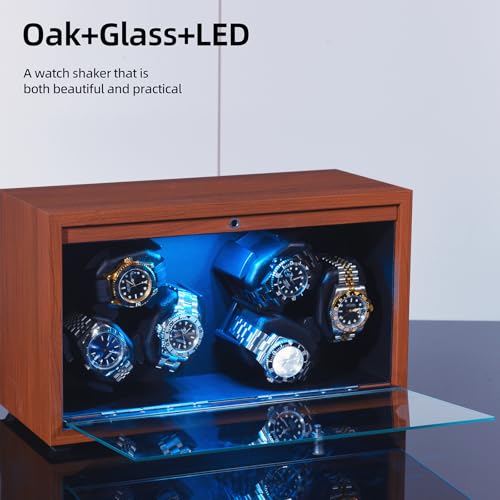 Automatic Watch Winder Box with 6 Watch Capacity - Super Quiet Motor, 4 Rotation Modes & Blue LED Backlight - Premium Wooden Watch Rotator for Men - Perfect Watch Storage & Display Case for Luxury Timepieces (SKW168) - Ideal for Watch Collectors, Travel Storage & Display Cabinets