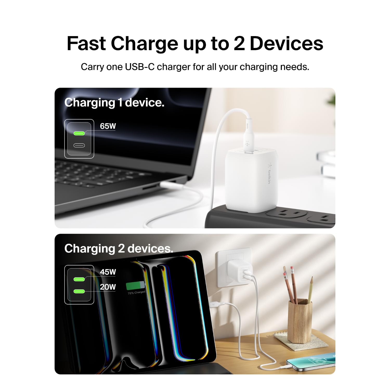 Belkin 65W GaN Fast Wall Charger with Dual USB-C Ports - PD 3.0 Quick Charge for iPhone 16/15/14/13 Series, iPad, MacBook, Galaxy S25/S24 & More - Compact Travel Charger for Home, Office & Car - White