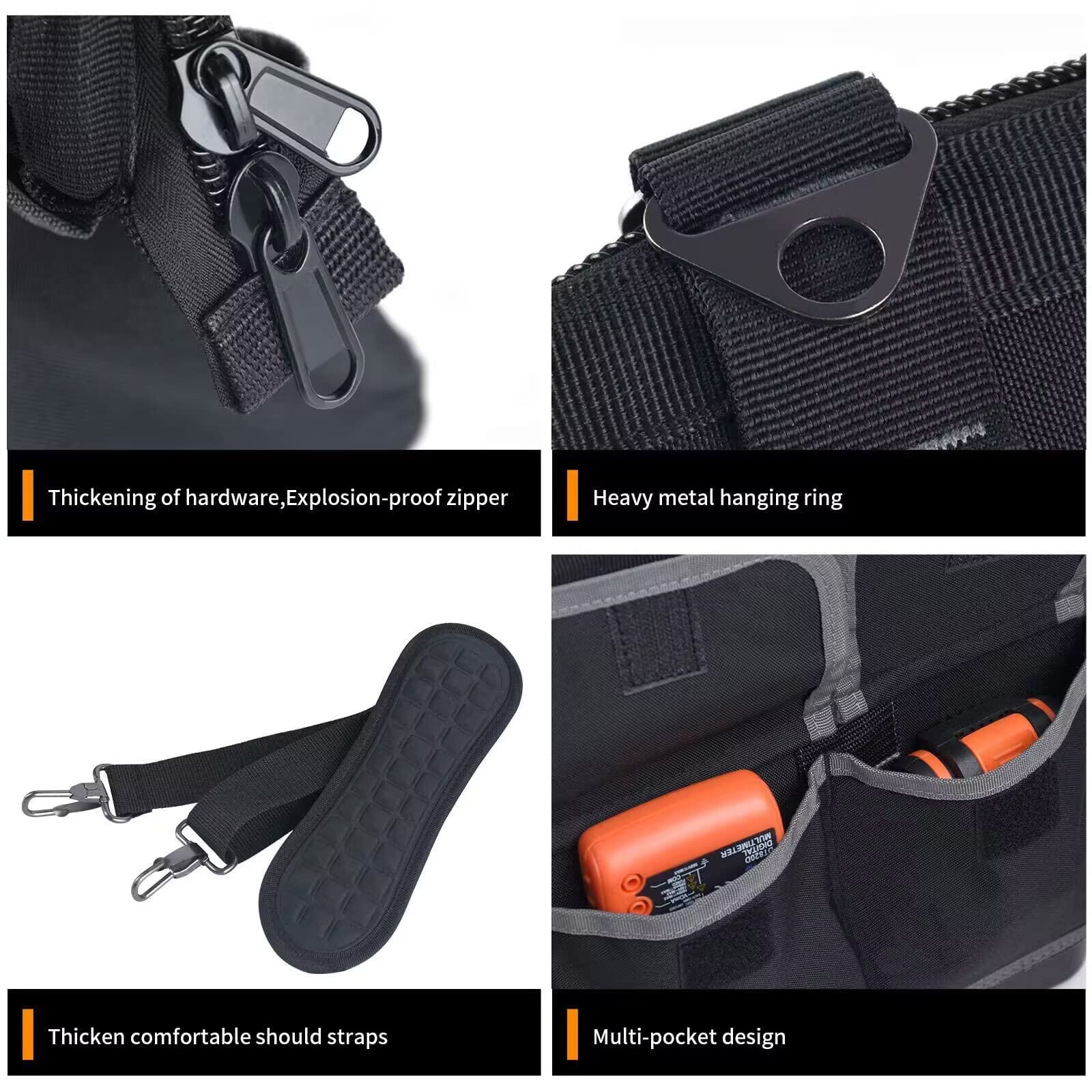 22-Inch Wide Mouth Waterproof Tool Bag with Molded Base & Adjustable Shoulder Strap - Durable Men's Tool Organizer for Construction, Electricians & DIY Projects