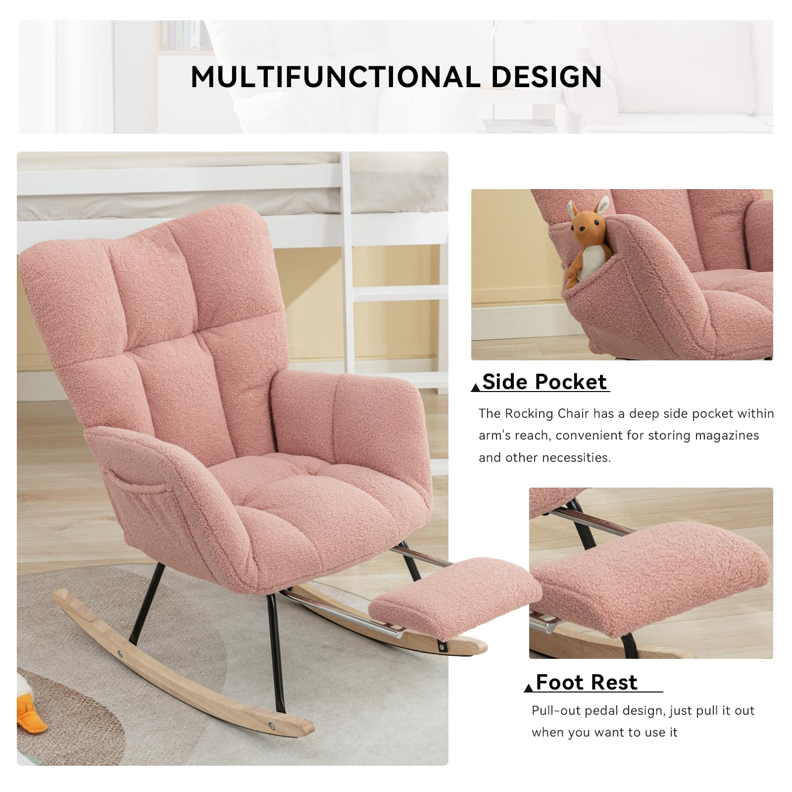 FOXHUNTER Nursery Rocking Chair - Adjustable Footrest Glider Recliner with High Back Support, Soft Teddy Upholstery, Pink Rocking Chair for Nursery, Bedroom & Reading | Perfect for Nursing, Relaxing & Storytime