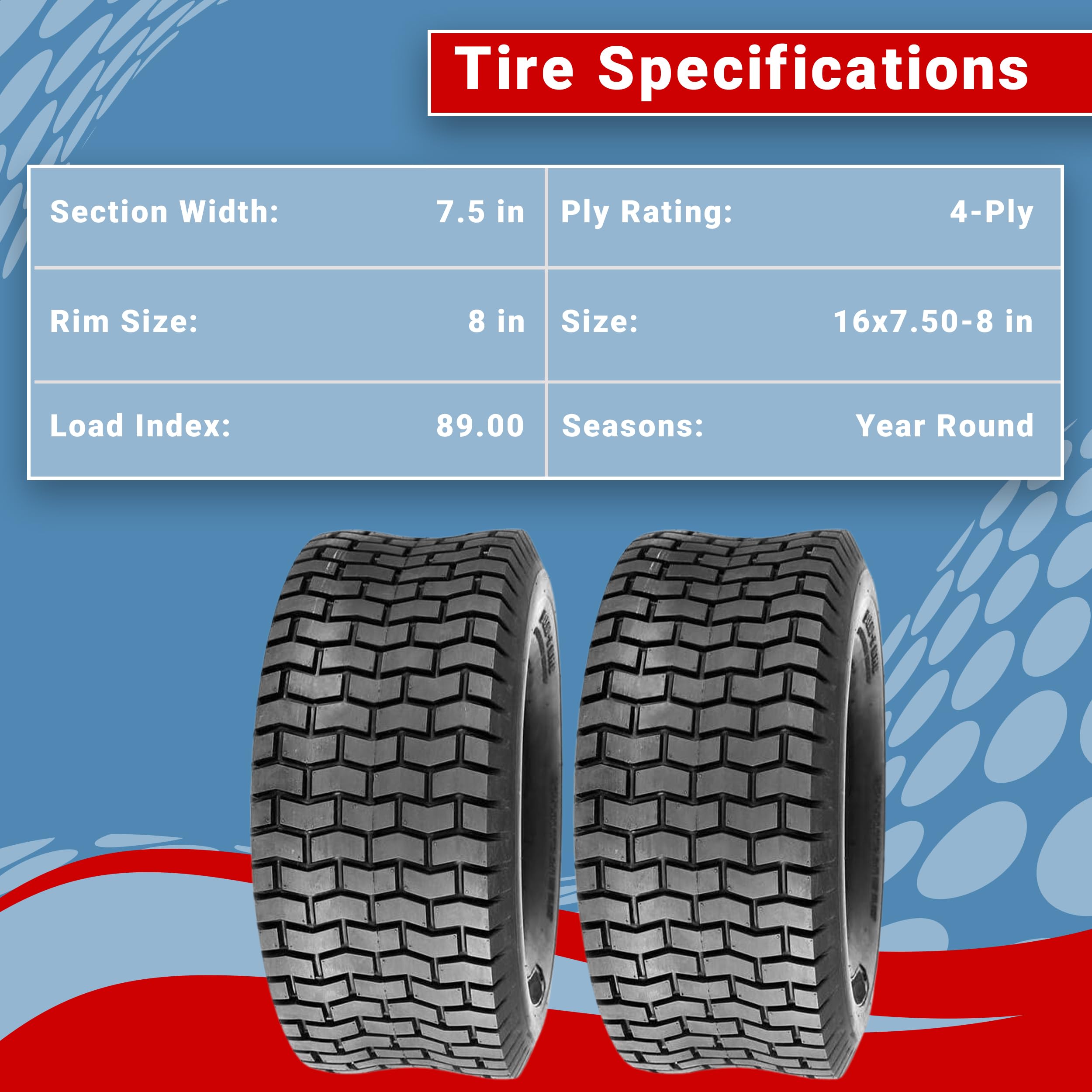 **16x7.50-8 Turf Tires (2-Pack) – 4-Ply D265 Mower Tires for Lawn Tractors & Zero-Turn Mowers – Durable, Long-Lasting Performance – Ideal for Golf Courses, Parks & Residential Lawns**