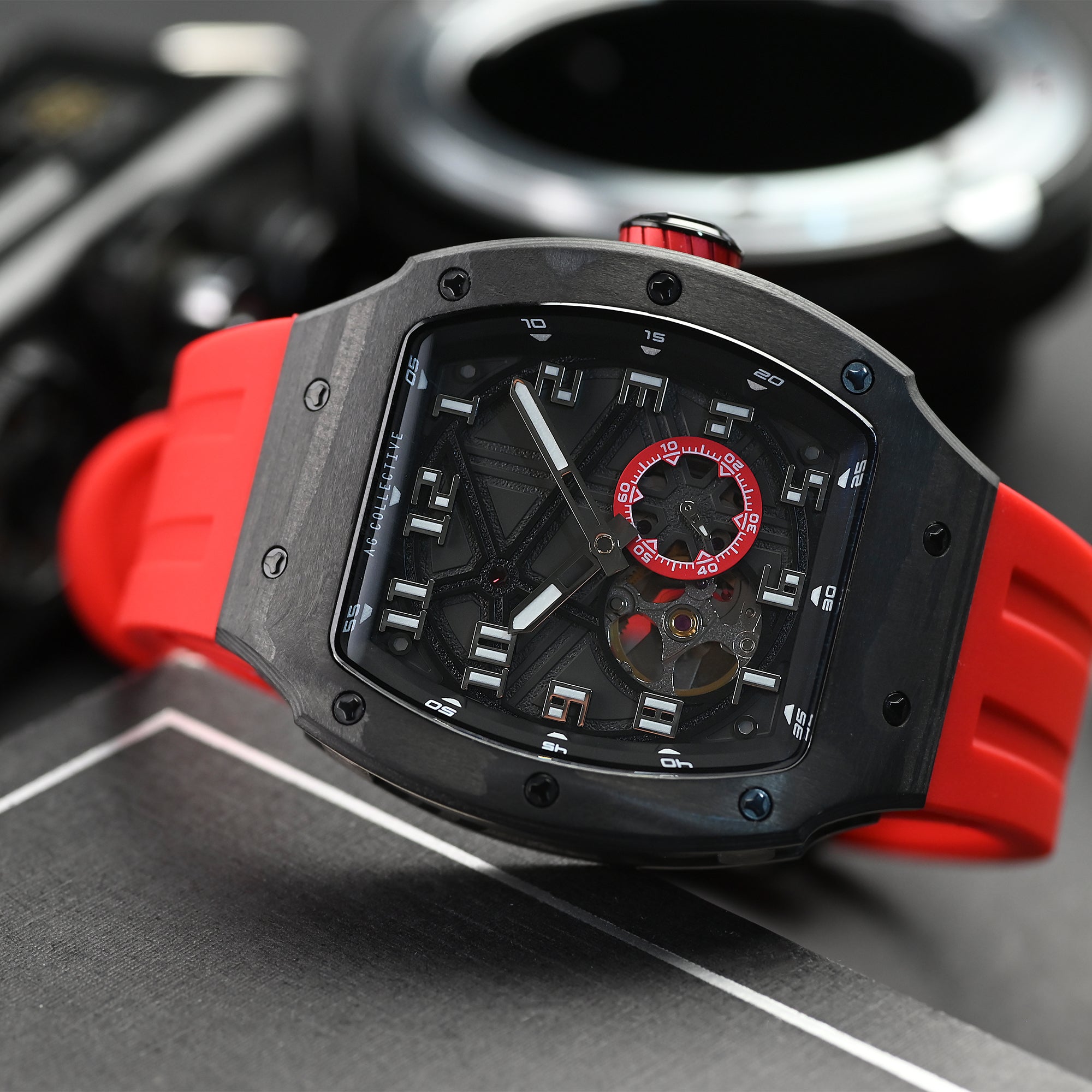 AG Collective Men's Watch with Black Dial & Red Silicone Strap - Model G 8047 BK BKR - Stylish Casual & Sports Timepiece for Everyday Wear