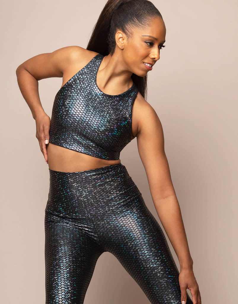 Midnight Mermaid Crop Top - Women's Sexy Glitter Sequin Off Shoulder Shirt for Party, Club, Festival & Night Out