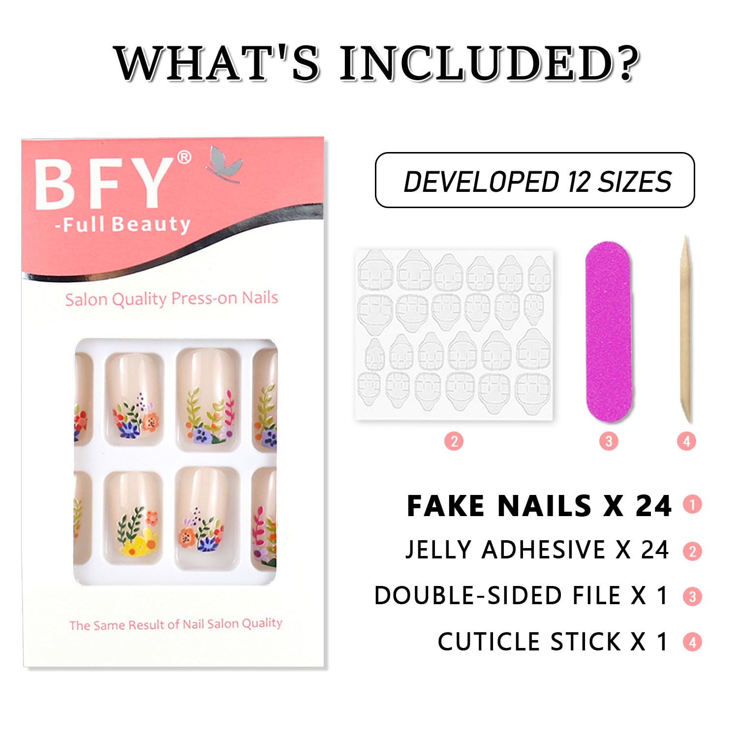 BFY Short Square Press on Nails - Yellow & Blue Floral Design with Green Leaf Accents | Glossy Acrylic Fake Nails Kit (24Pcs, 12 Sizes) | Natural Fit Manicure with Strong Glue | Perfect for Autumn, Halloween, Thanksgiving & Fall Weddings