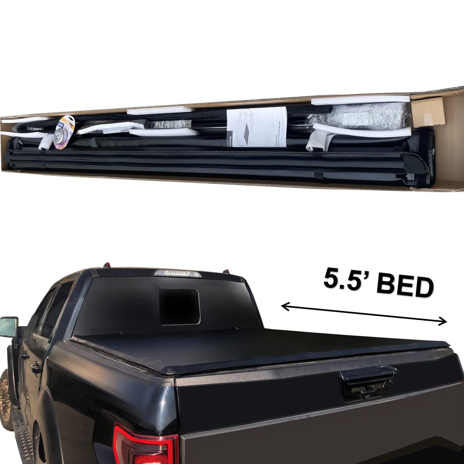 5.5ft Soft Roll-Up Truck Bed Tonneau Cover for 2007-2021 Pickup Trucks | Waterproof & UV Protection | Easy Installation | Perfect for Camping, Hauling & Outdoor Adventures
