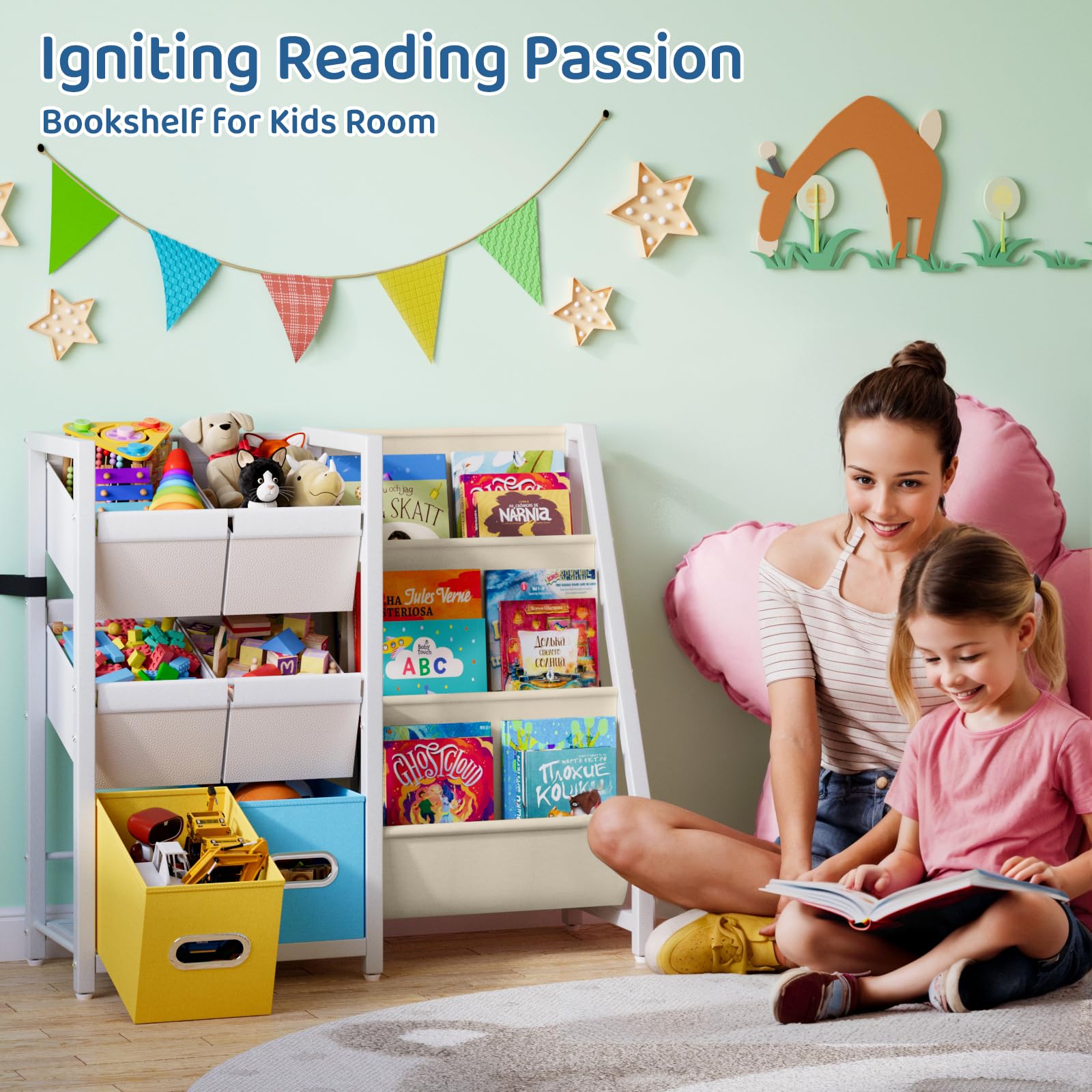 Montessori Kids Bookshelf & Toy Storage Organizer - 6 Bin Toy Organizer with 3 Sling Book Display for Nursery, Toddler & Children's Rooms | Perfect for Bedroom Organization & Playroom Storage