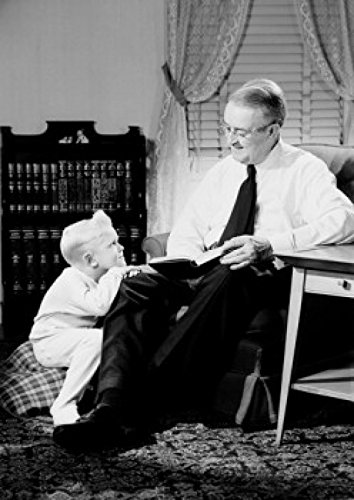 Father and Son Reading Book Together in Living Room - Premium Poster Print (18x24 inches) - Perfect for Family Rooms, Nurseries & Educational Spaces