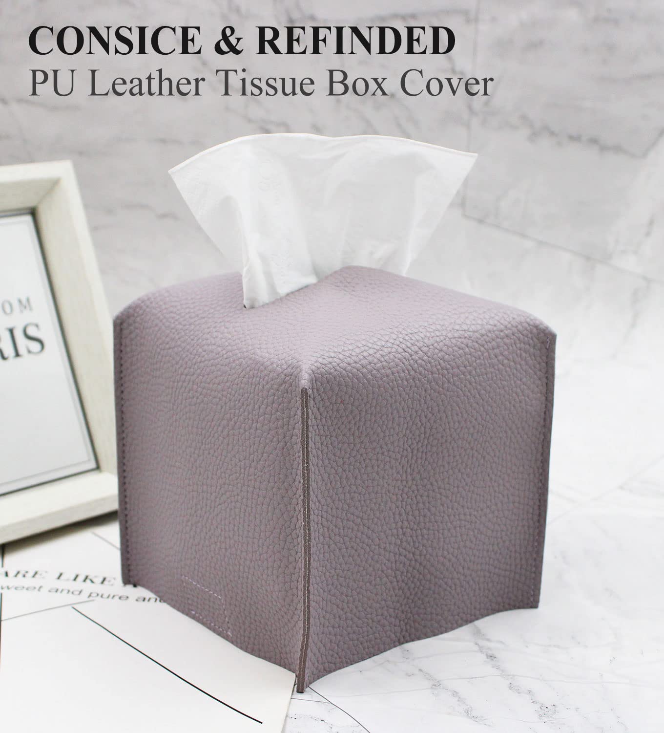Livelab Square PU Leather Tissue Box Cover - Modern Decorative Holder for Facial Tissues, 5x5x5 Inches, Light Purple | Perfect for Bathroom Vanity, Nightstand, Desk & Home Office Organization