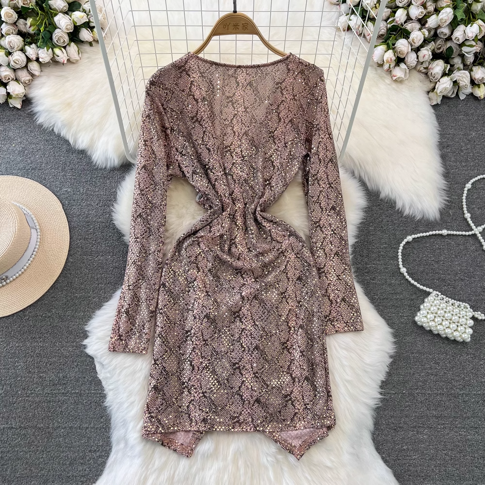 Elegant Long Sleeve V-Neck Sequined Snake Print Dress for Women | Fall & Autumn Party Wear | Perfect for Cocktail Parties, Date Nights & Holiday Events