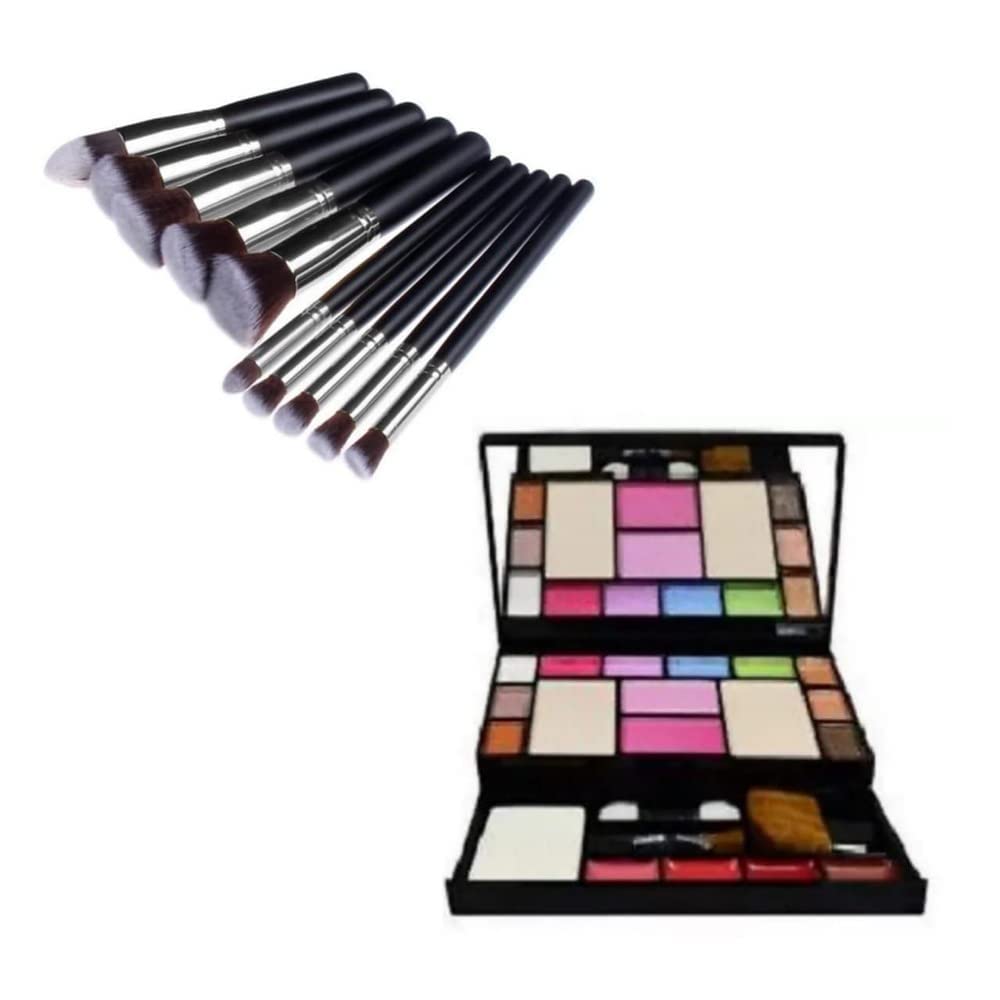 FOZZBY Women's and Girls' 11-Piece Makeup Kit with 10 Black Makeup Brushes & Storage Box - Multicolor Cosmetic Set for Eyeshadow, Blush & Foundation - Perfect for Travel, Home Use & Professional Makeup Artists