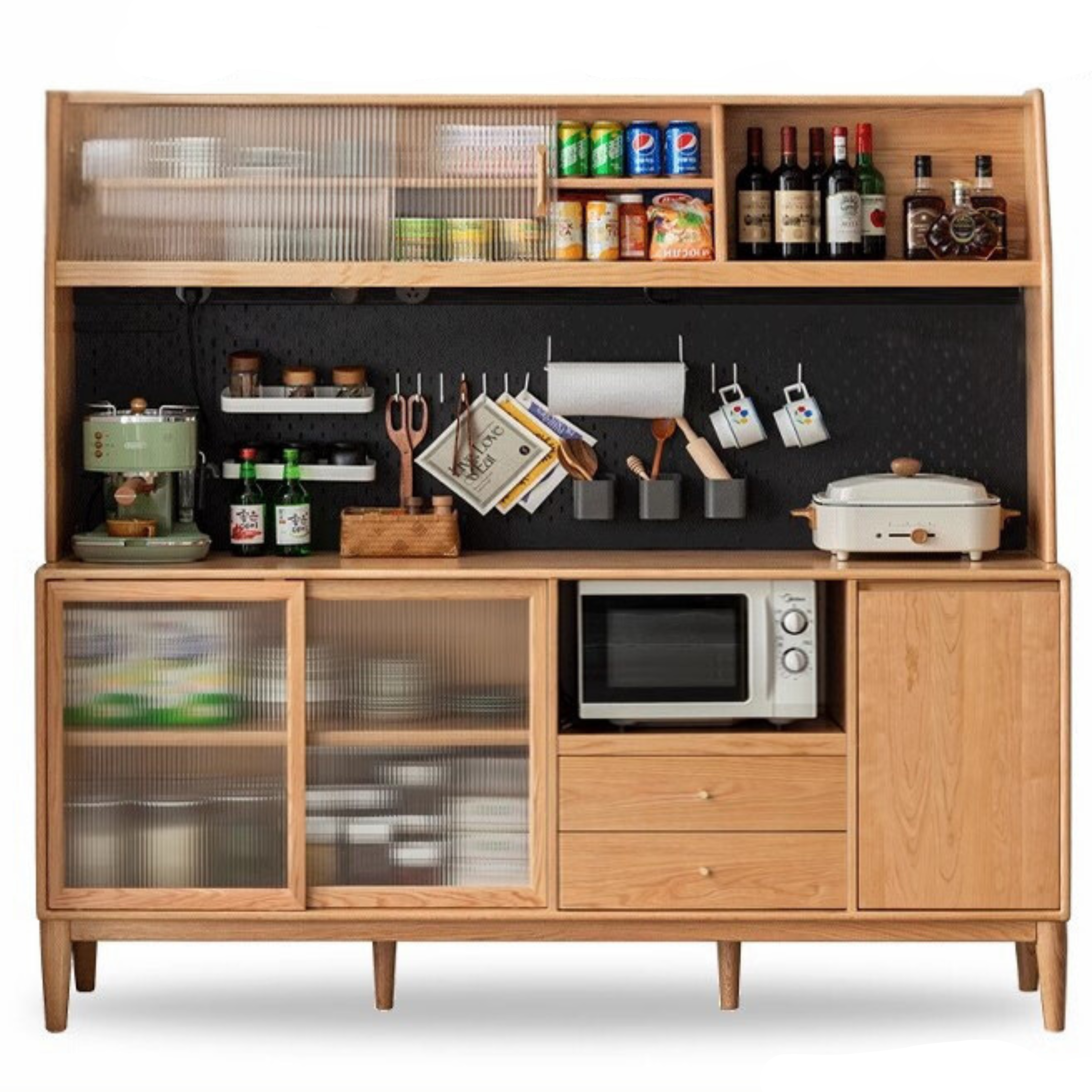 Solid Oak Wood Sideboard Buffet Cabinet - Multi-Functional Storage for Dining Room, Living Room & Entryway - Rustic Farmhouse Style Furniture for Home Decor