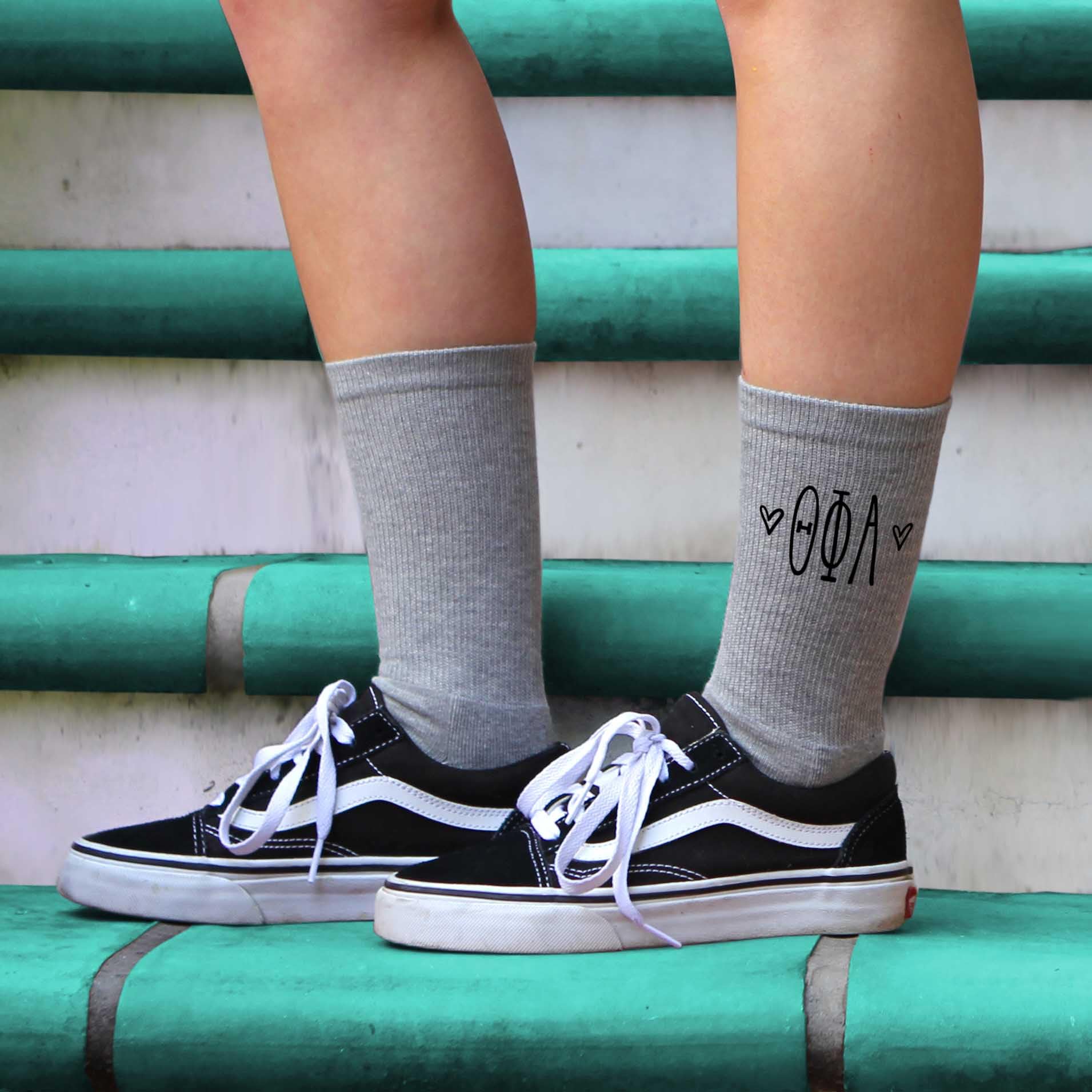 Theta Phi Alpha Sorority Letters with Hearts Greek Letter Crew Socks - White, Pink & Heather Gray - Comfortable College Socks for Sorority Sisters, Greek Life & Campus Fashion