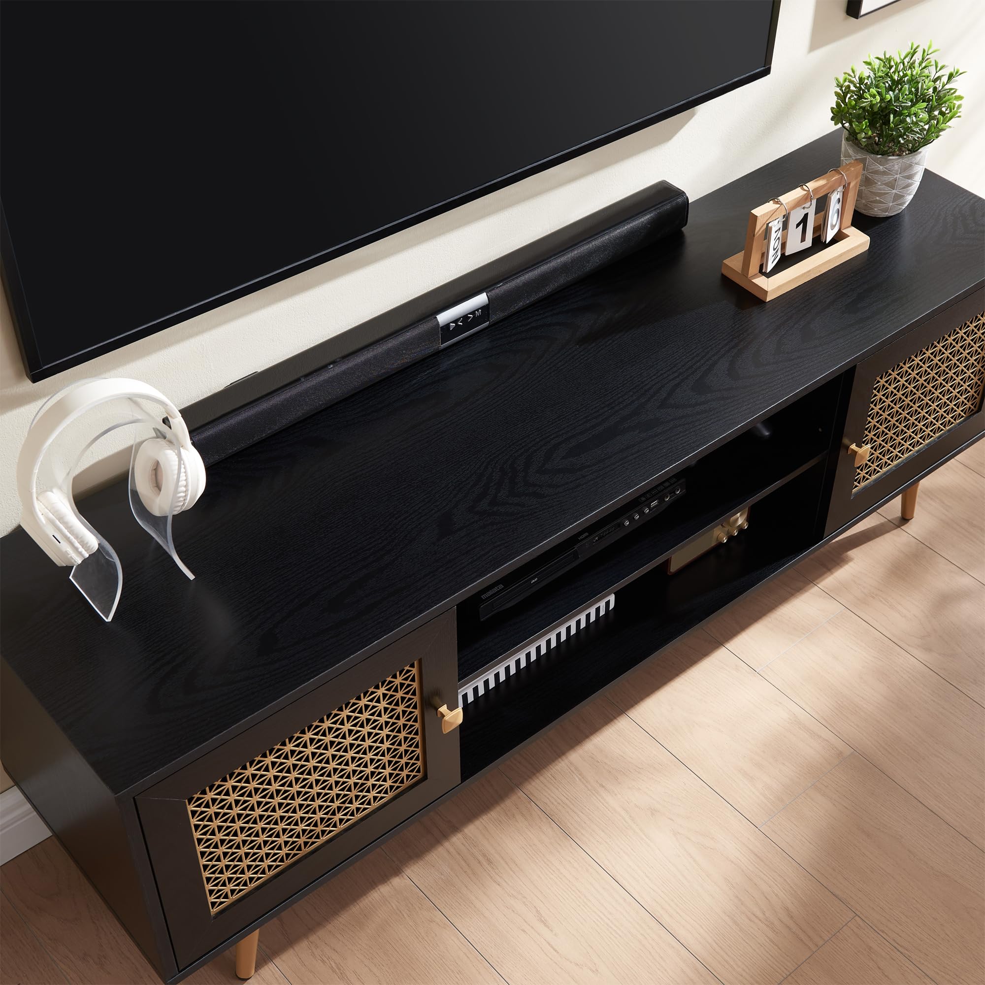 Mid Century Modern TV Stand for 65 Inch TV - Entertainment Center with Storage & Metal Mesh Cabinet Doors - Black Living Room Furniture for Home Theater Setup