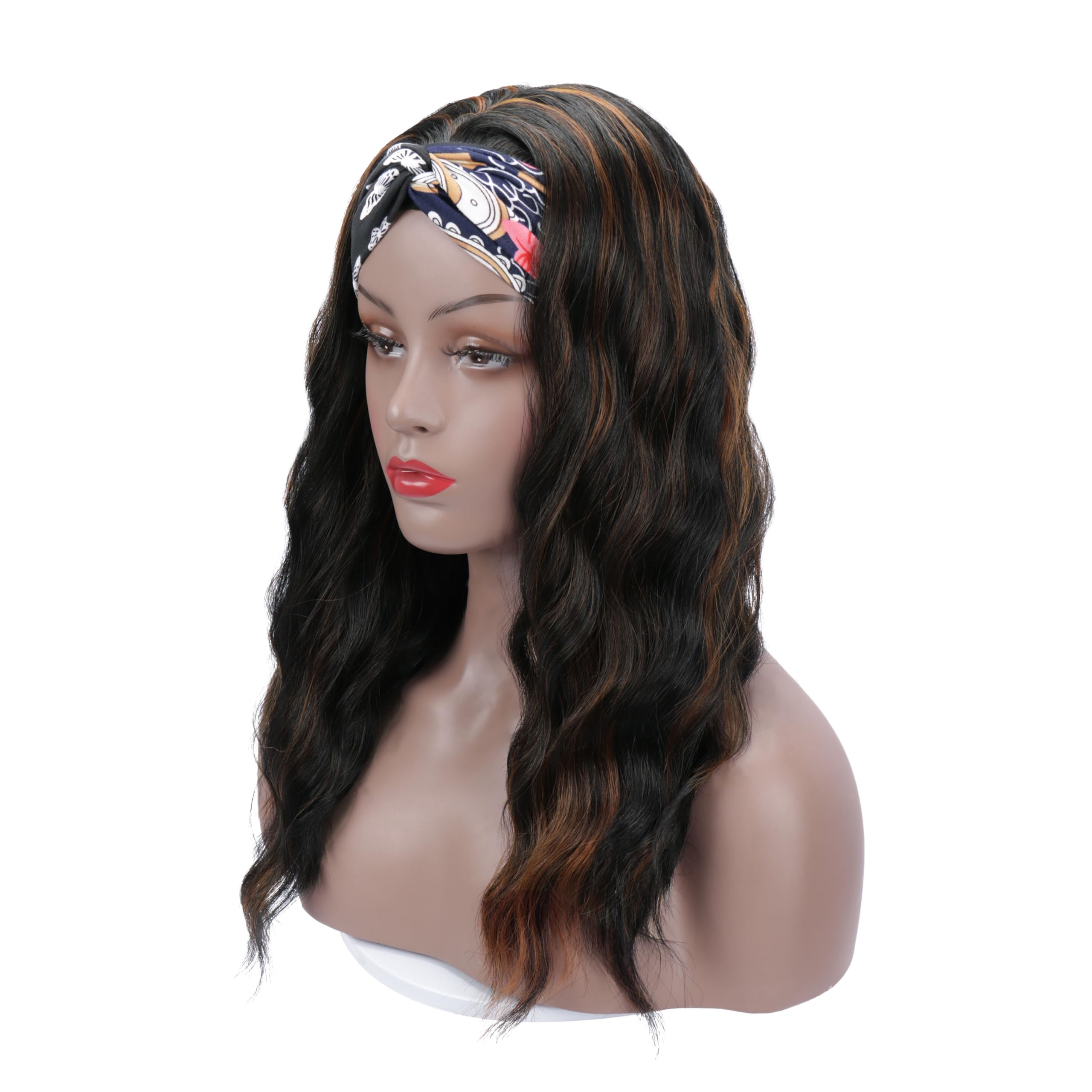 Natural Looking Glueless Headband Wig for Black Women - 16inch Synthetic Long Black Body Wave Heat Resistant Wig (180% Density, 1B/H30#) | Perfect for Daily Wear, Cosplay & Protective Hairstyles