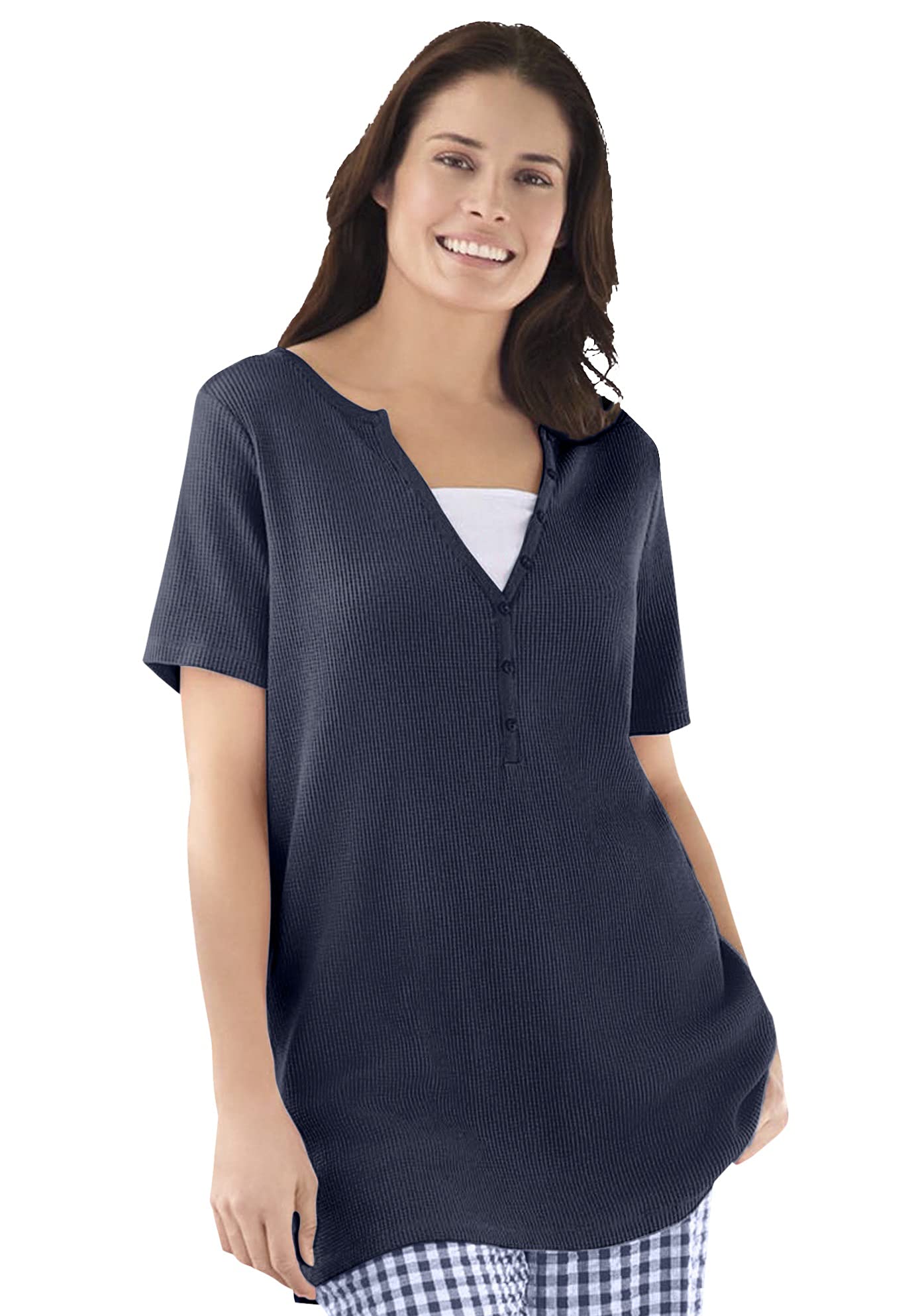 Women's Plus Size Split-Neck Henley Thermal Waffle Tee Shirt | Warm Long Sleeve Top for Curvy Women | Perfect for Winter Layering & Casual Outfits